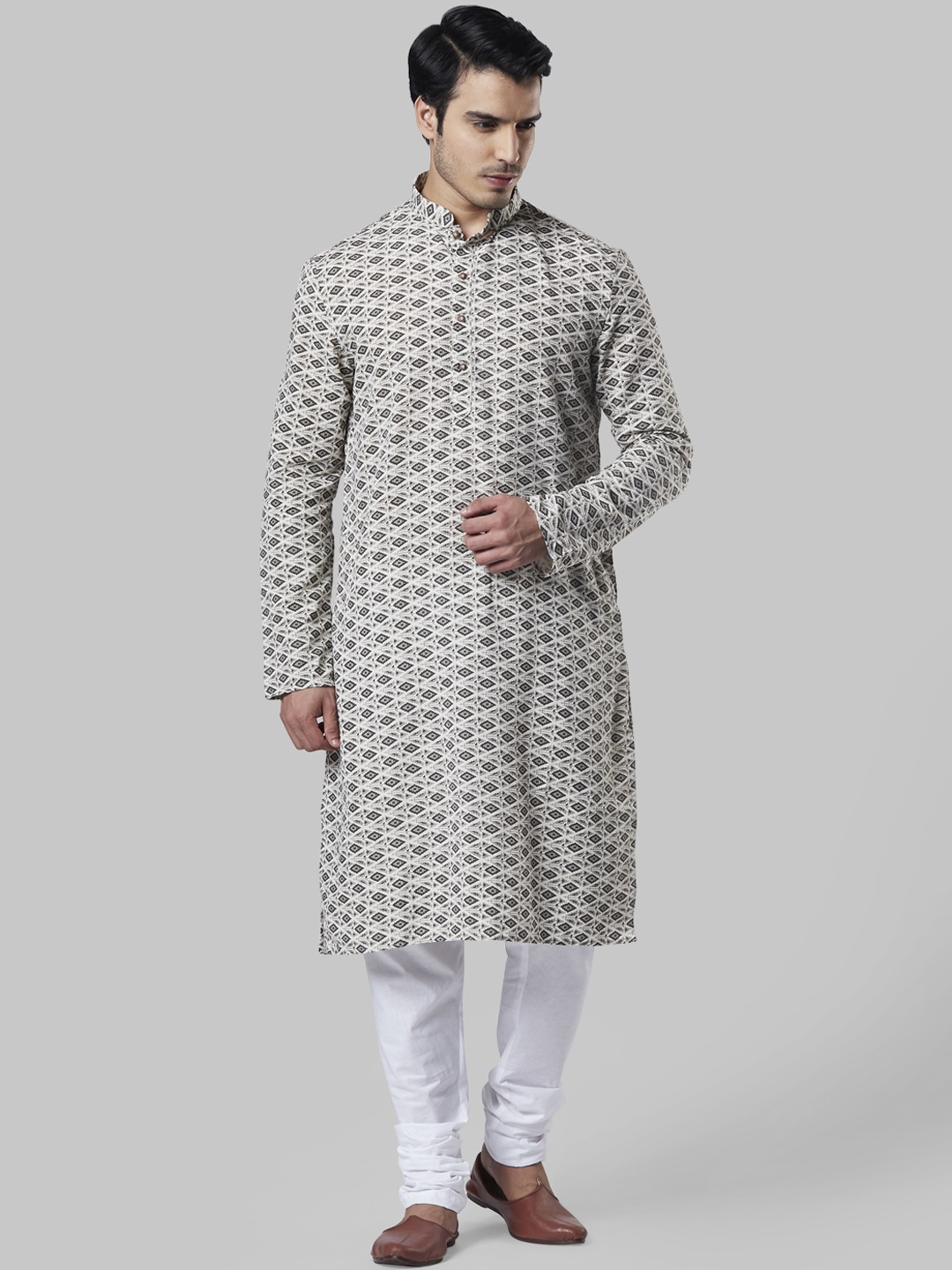 

Ethnix by Raymond Men Grey & White Self Design Kurta with Churidar