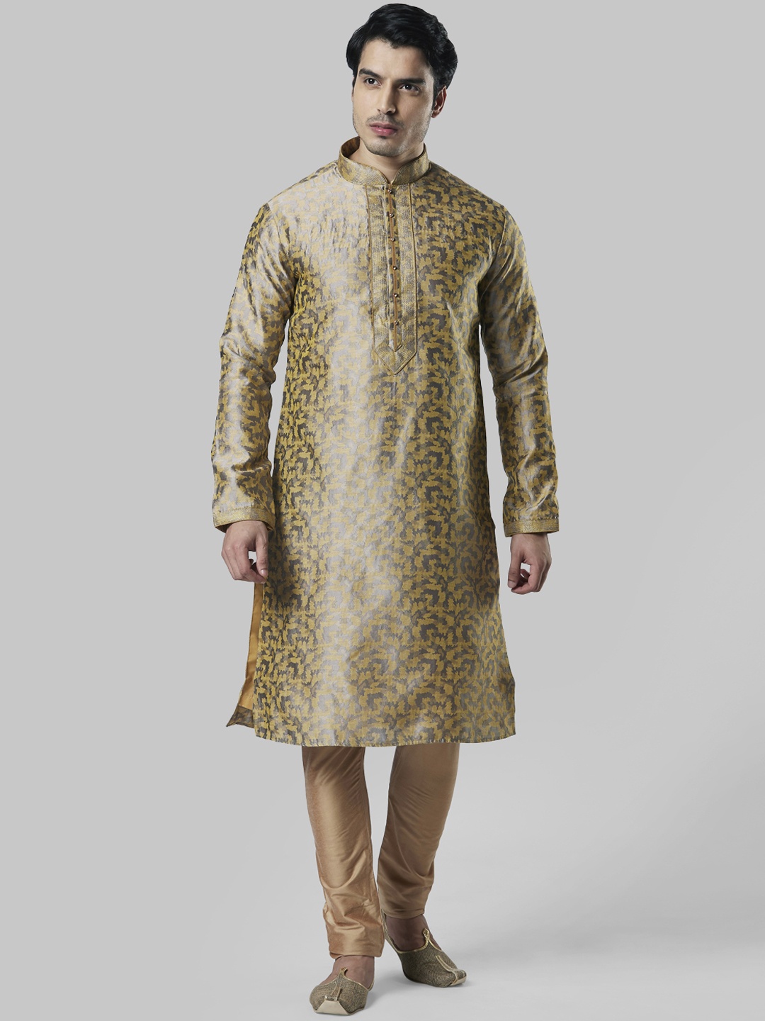 

Ethnix by Raymond Men Mustard Yellow & Gold-Toned Printed Kurta with Churidar
