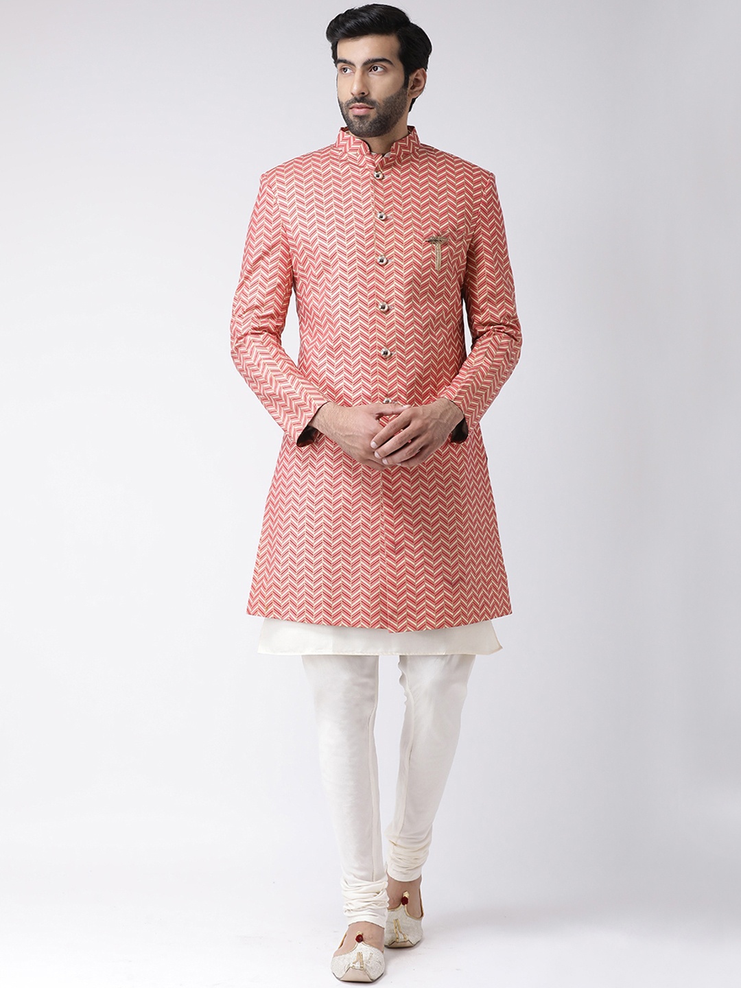 

KISAH Men Off-White & Red Printed Indowestern Sherwani Set