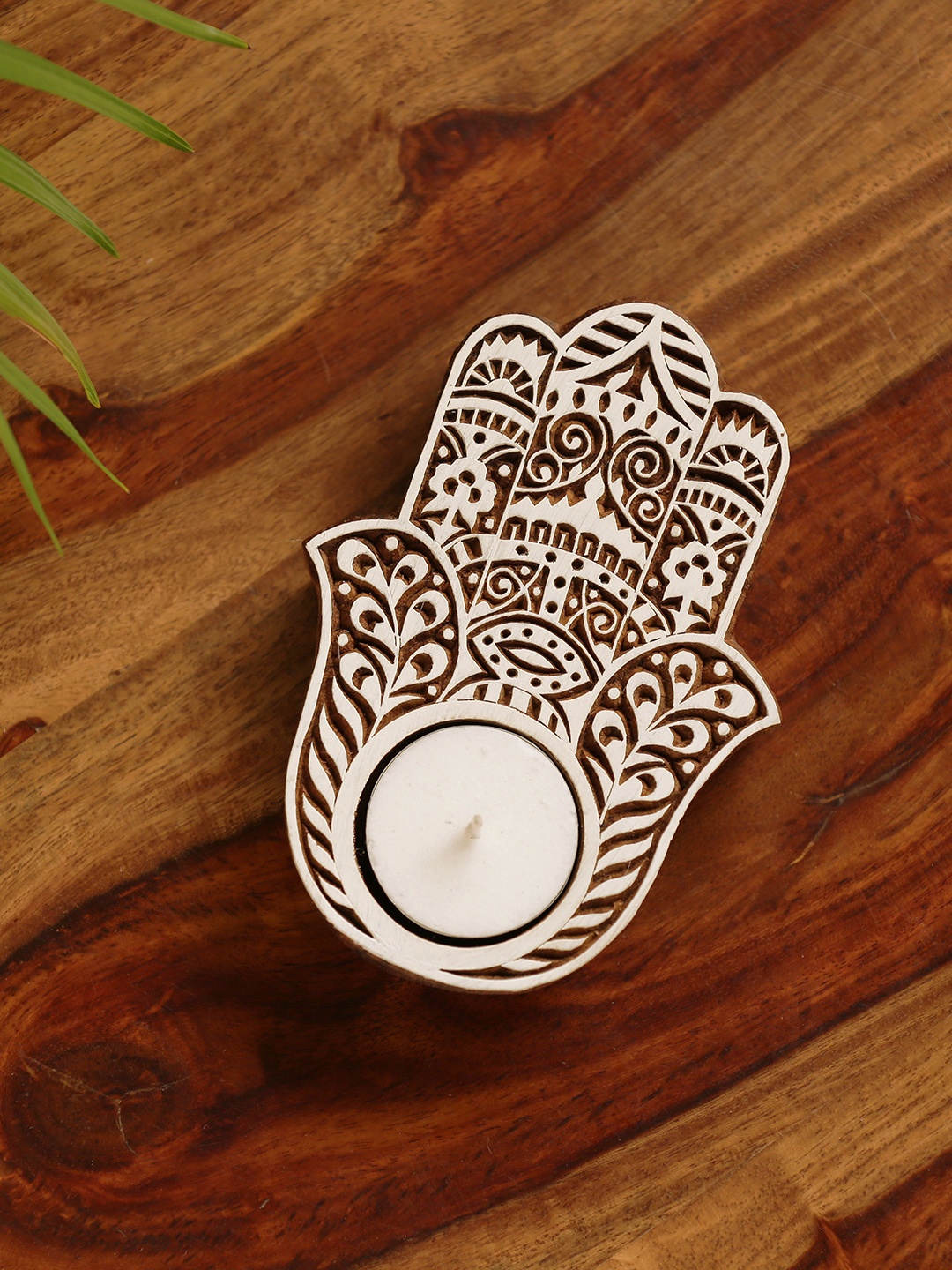 

ExclusiveLane Brown & White Radiant Palm Sheesham Wooden Hand-Carved Candle Holder