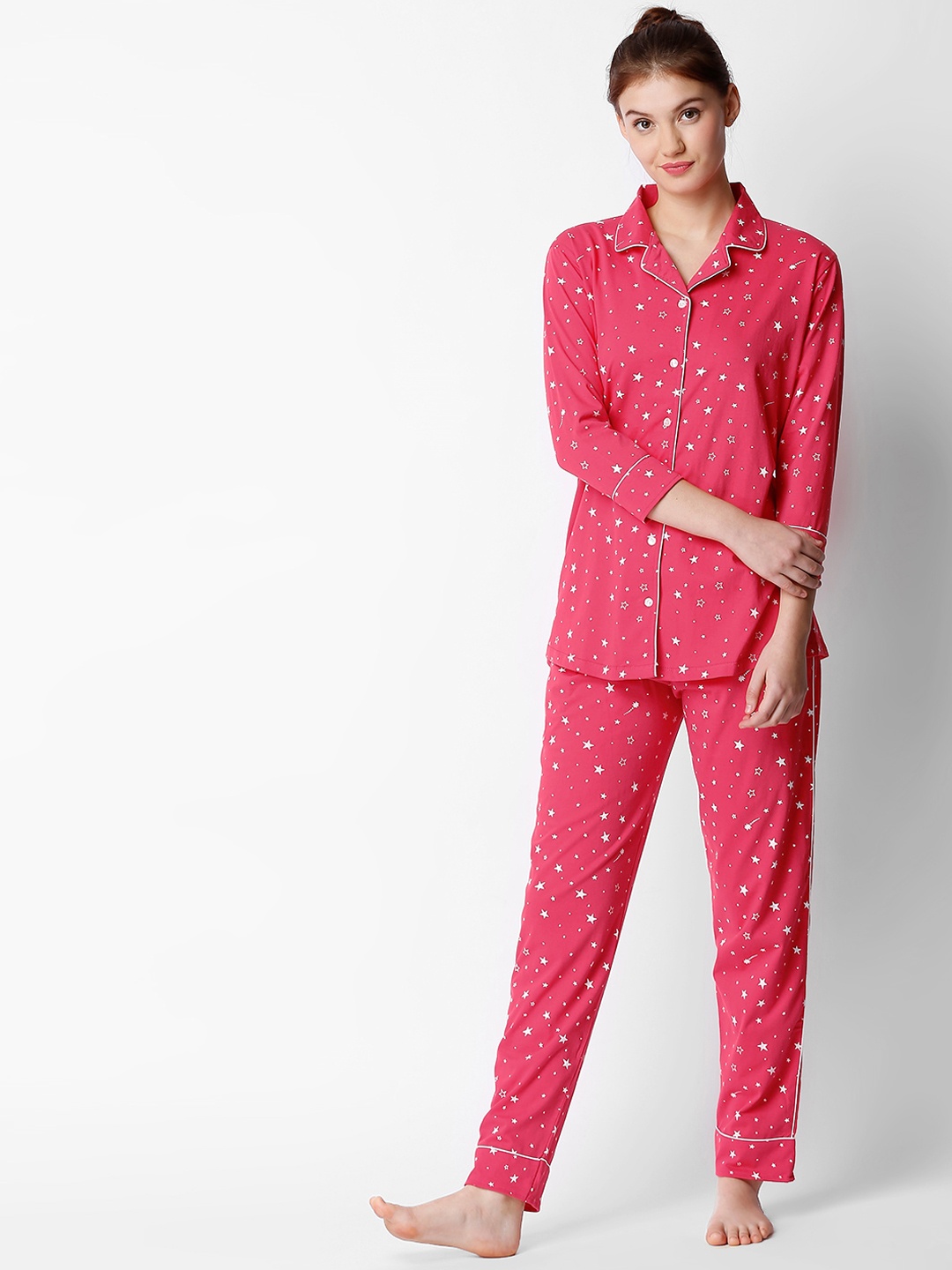 

I like me Women Pink & White Printed Night suit