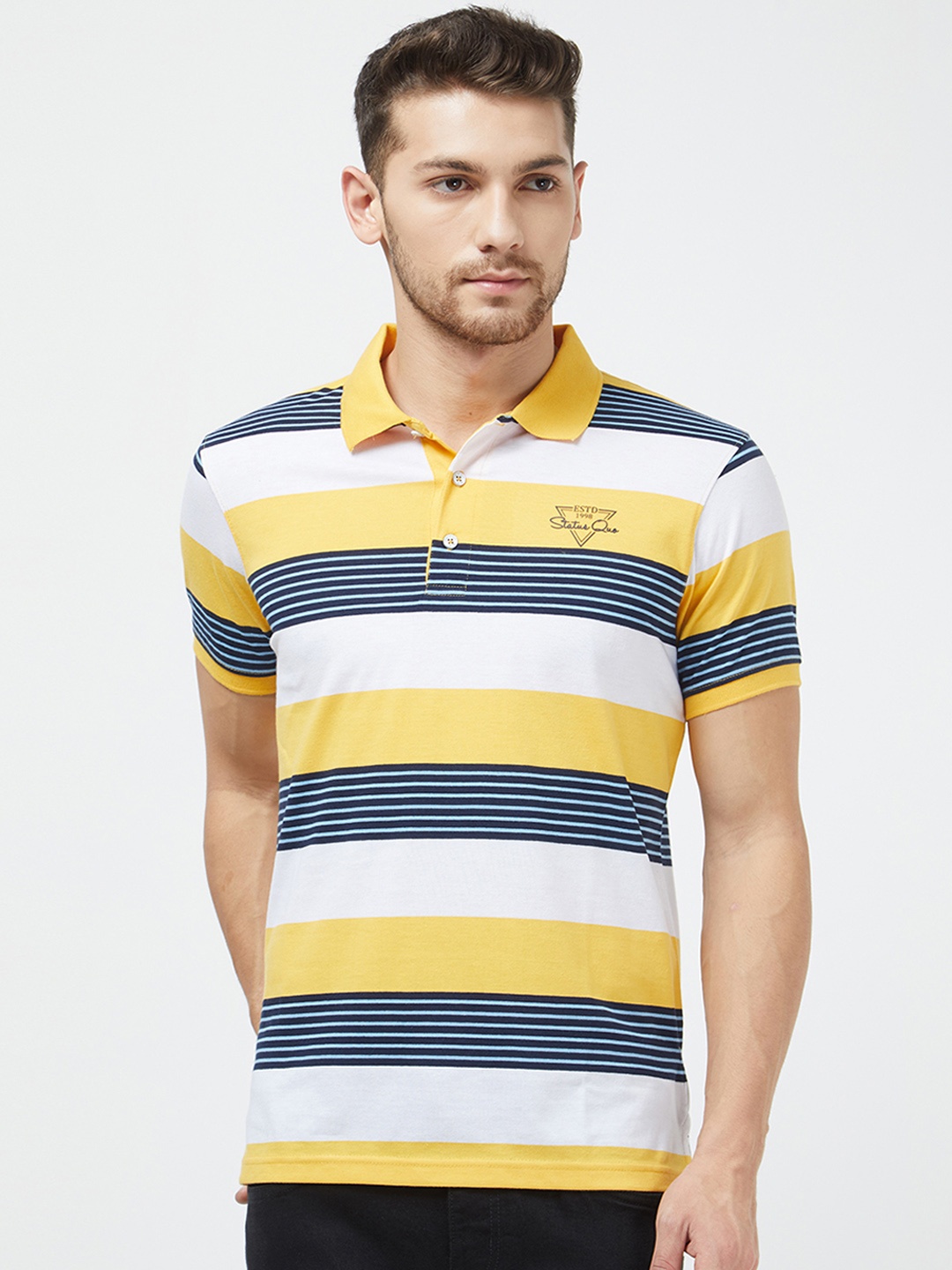 

Status Quo Men Yellow & White Slim Fit Striped Polo Collar T-shirt