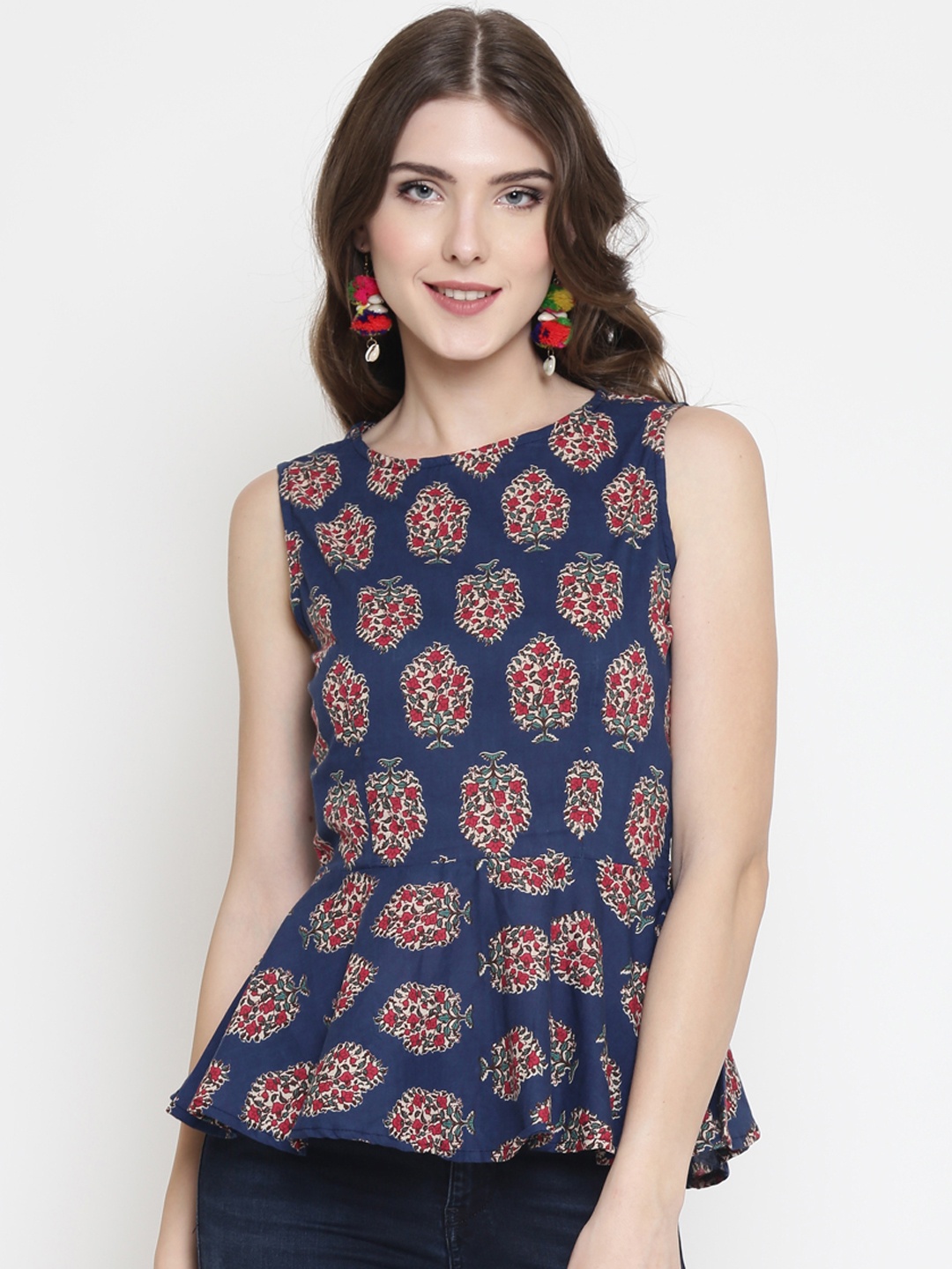 

Sera Women Navy Blue Printed Peplum Pure Cotton Top