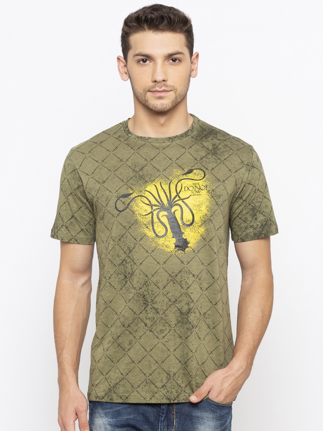 

Status Quo Men Olive Green Game of Thrones Printed Round Neck T-shirt