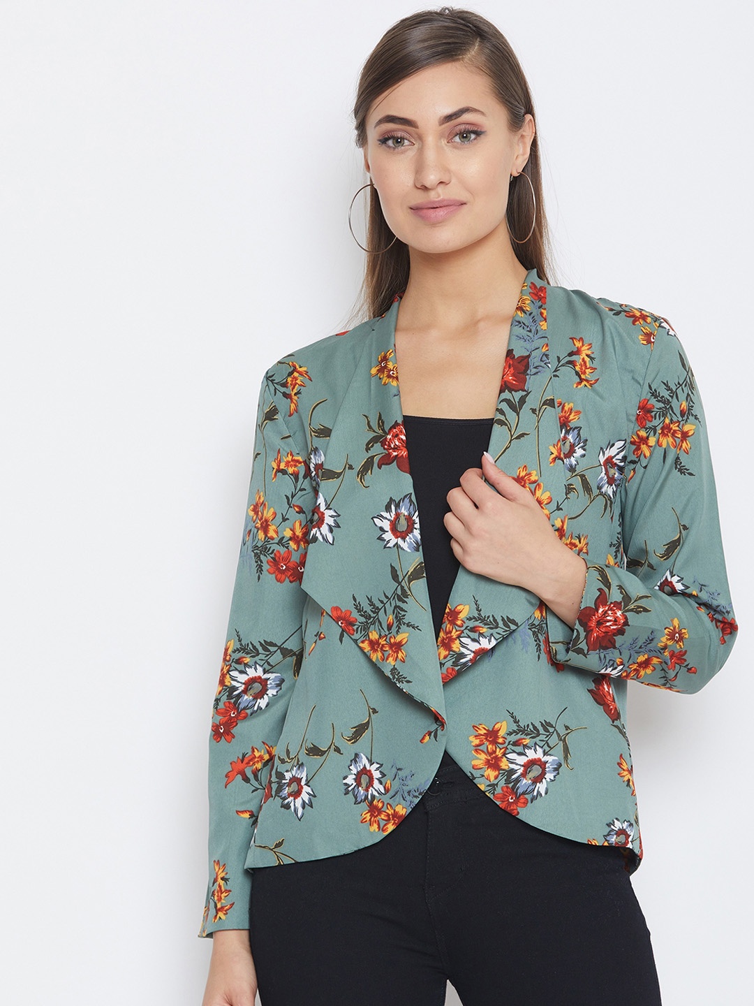 

PURYS Women Teal Green & Orange Printed Blazers