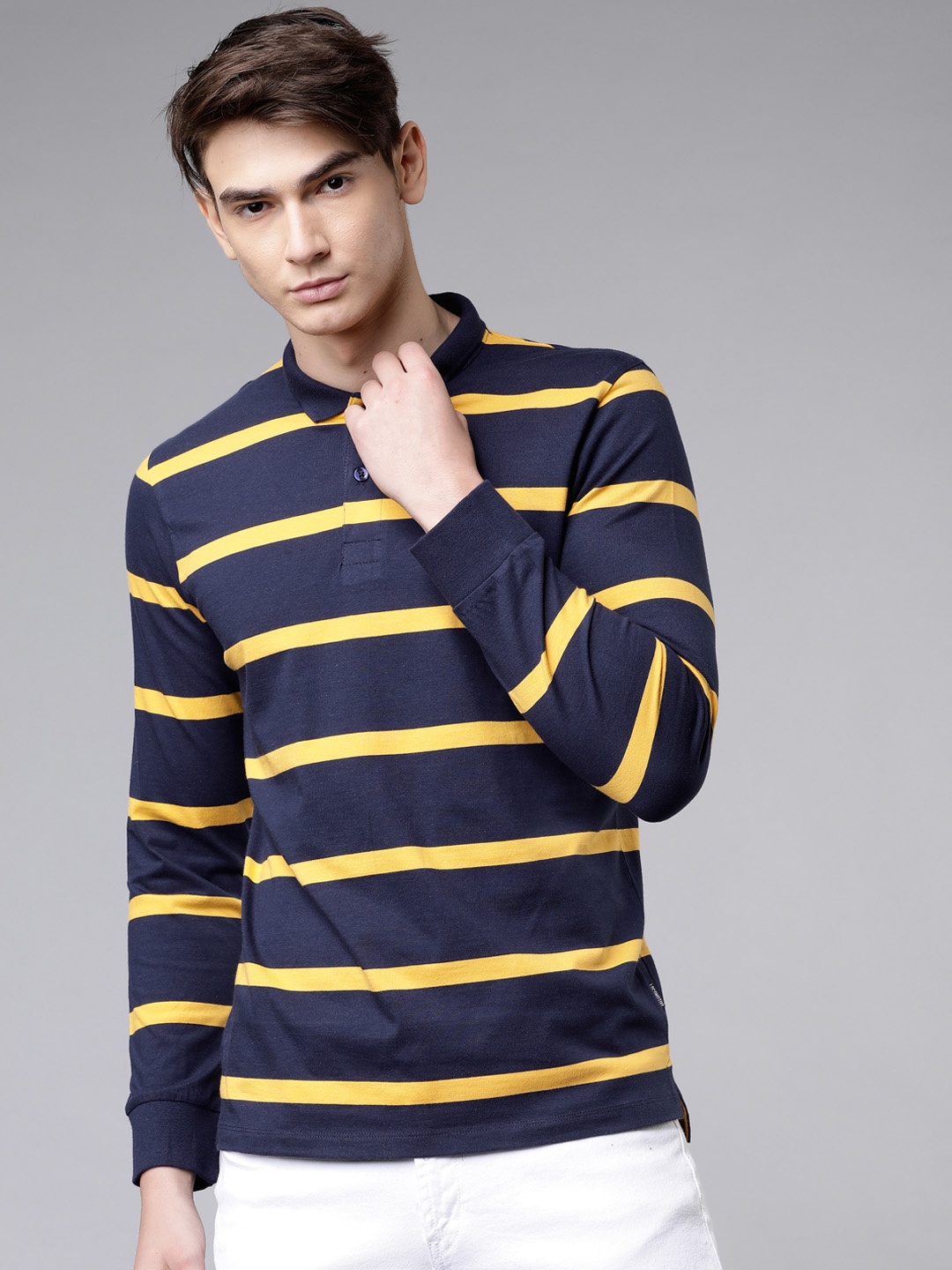 

LOCOMOTIVE Men Navy Blue & Mustard Yellow Slim-Fit Striped Polo Collar T-shirt