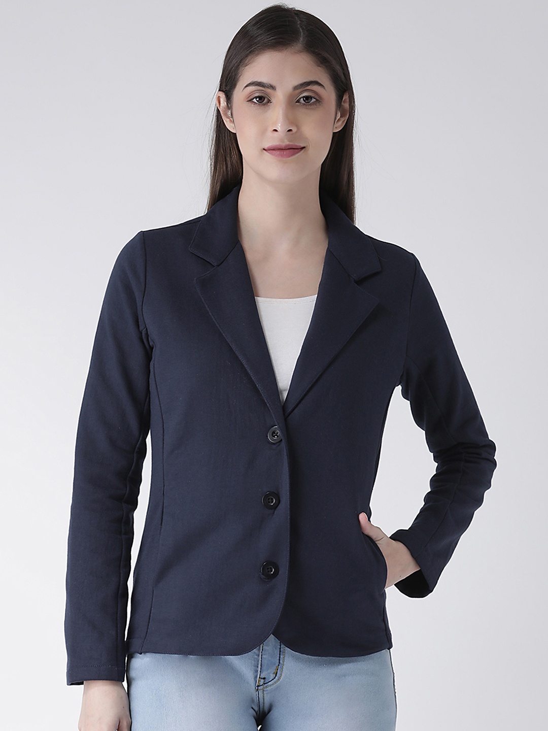 

The Vanca Women Navy Blue Solid Tailored Jacket