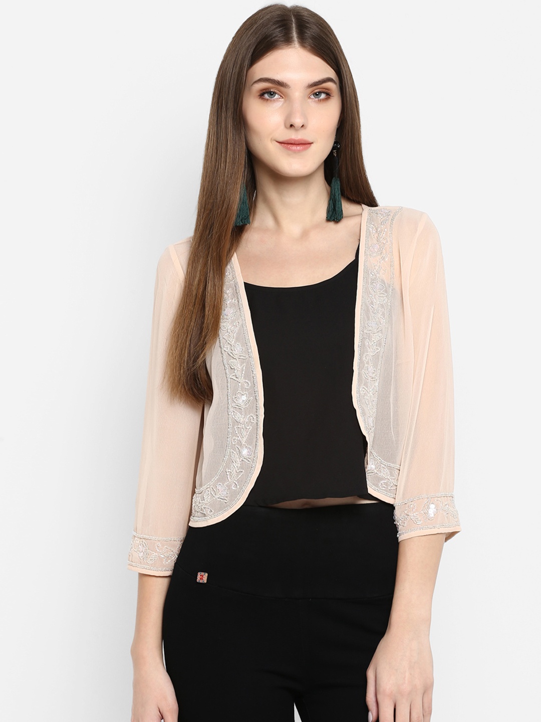 

TRENDY DIVVA Women Pink Embellished Open Front Crop Shrug