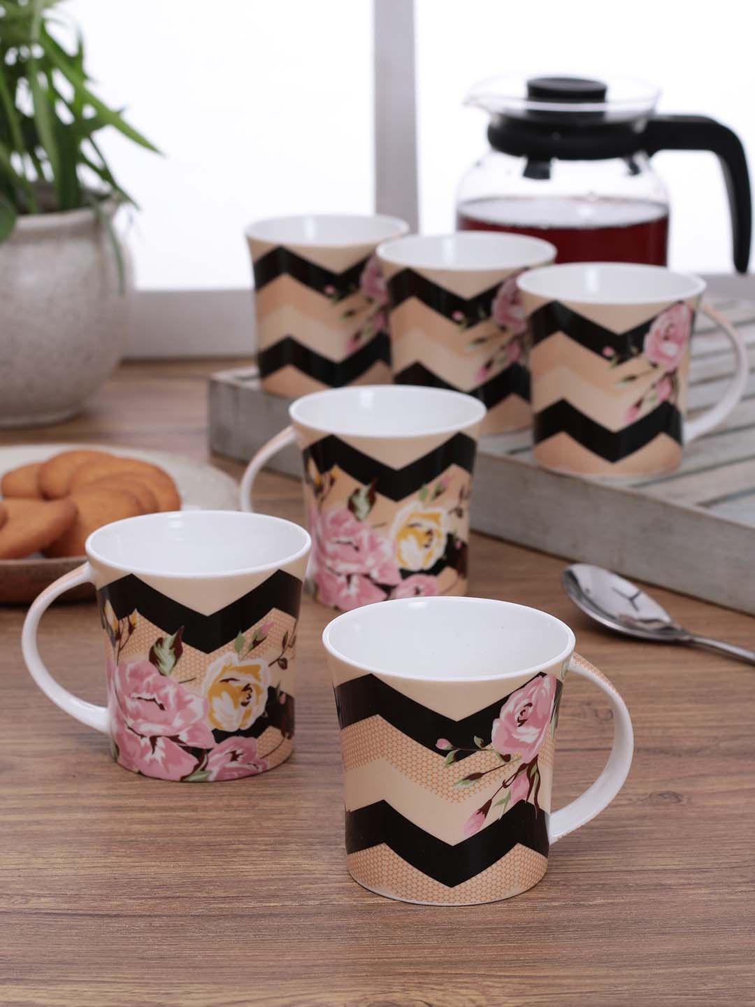 

CLAY CRAFT Set of 6 Multicoloured Printed Bone China Cups 150 ml Each, Multi