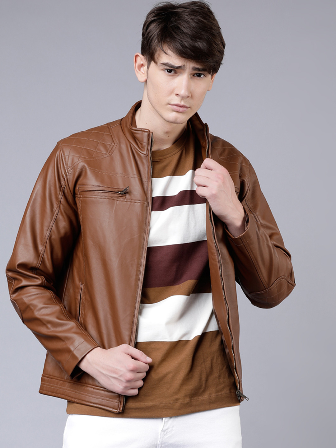 

HIGHLANDER Men Brown Solid Biker Jacket