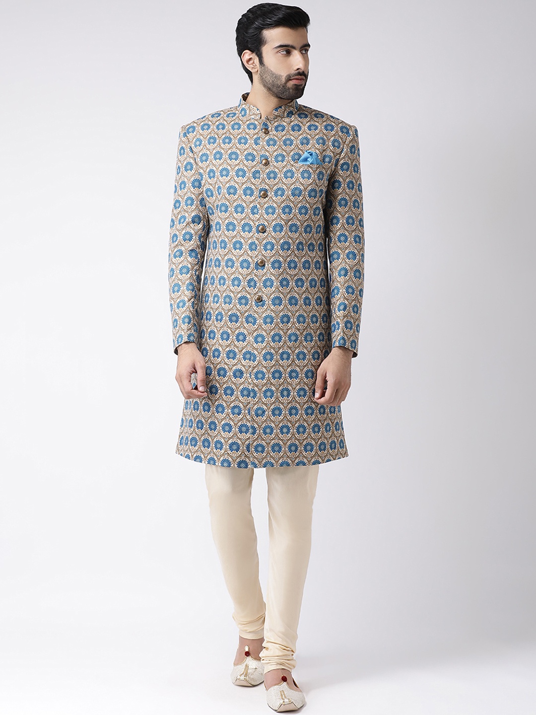 

KISAH Men Beige & Blue Printed Indowestern Sherwani Set