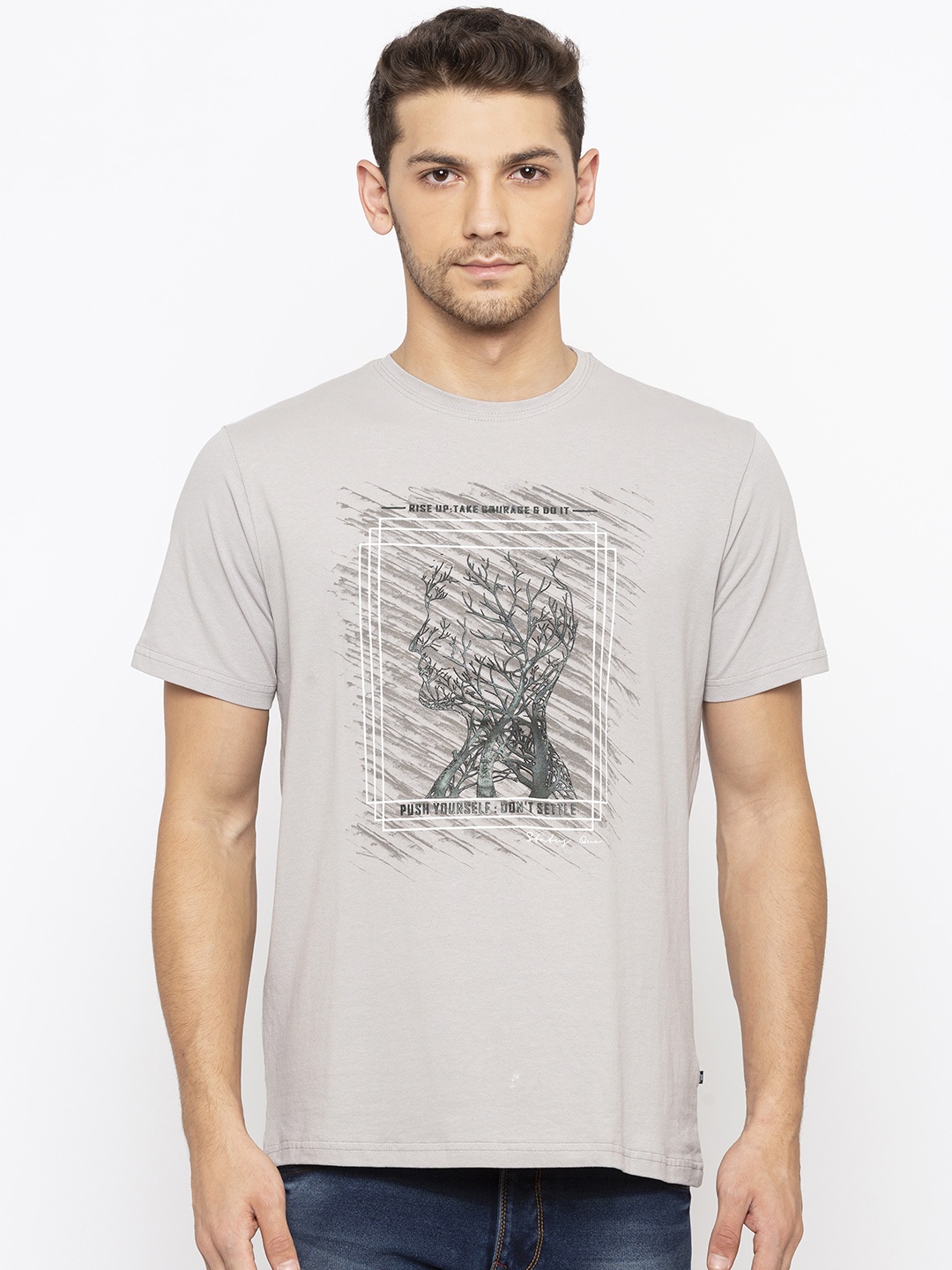 

Status Quo Men Grey Slim Fit Printed Round Neck T-shirt