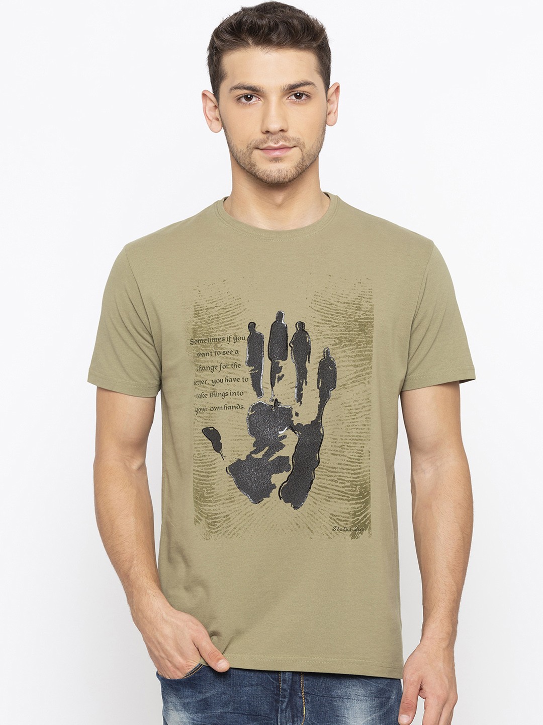 

Status Quo Men Green Slim Fit Printed Round Neck T-shirt