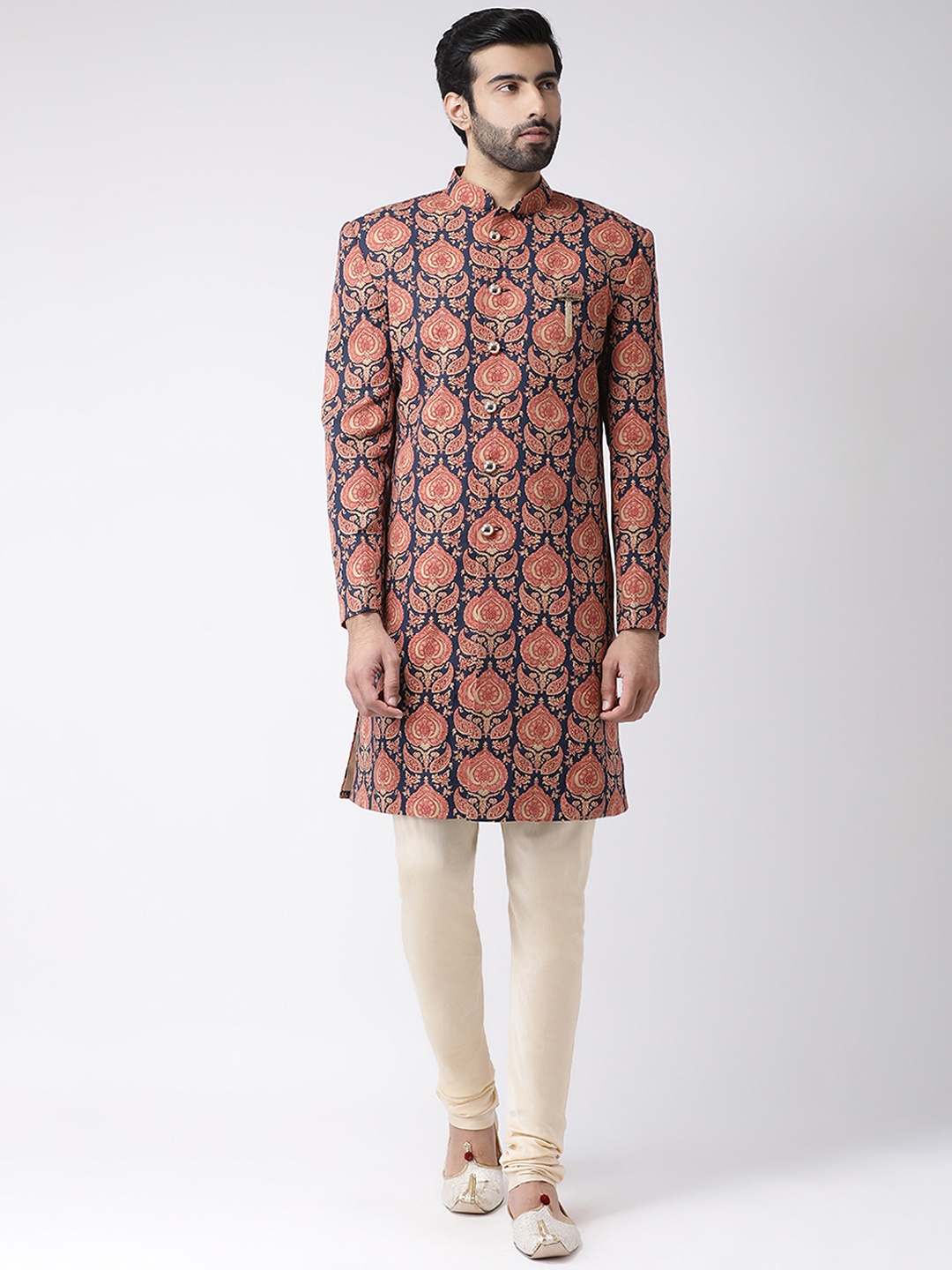 KISAH Men Navy Blue & Coral Pink Printed Indowestern Sherwani Set