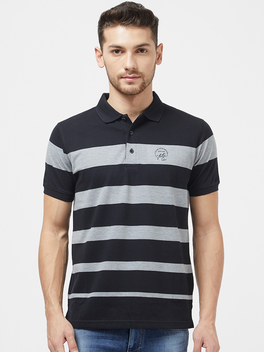 

Status Quo Men Black Striped Polo Collar T-shirt