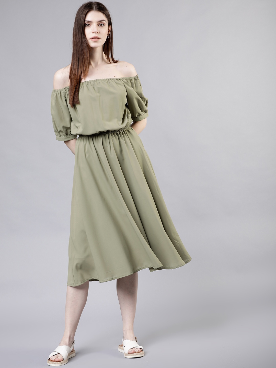 

Tokyo Talkies Women Solid Olive Green Blouson Dress