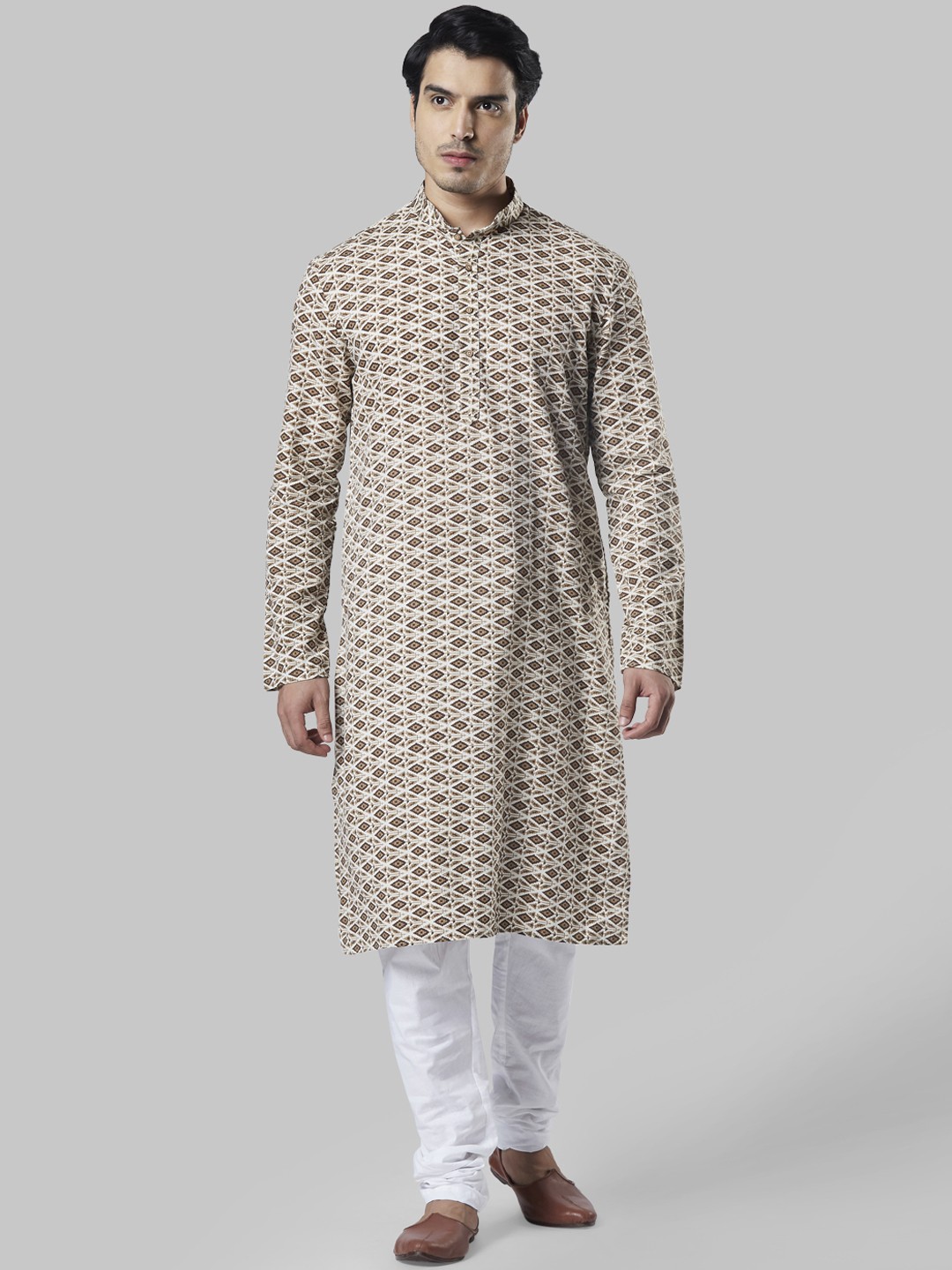 

Ethnix by Raymond Men Brown & White Printed Kurta with Churidar