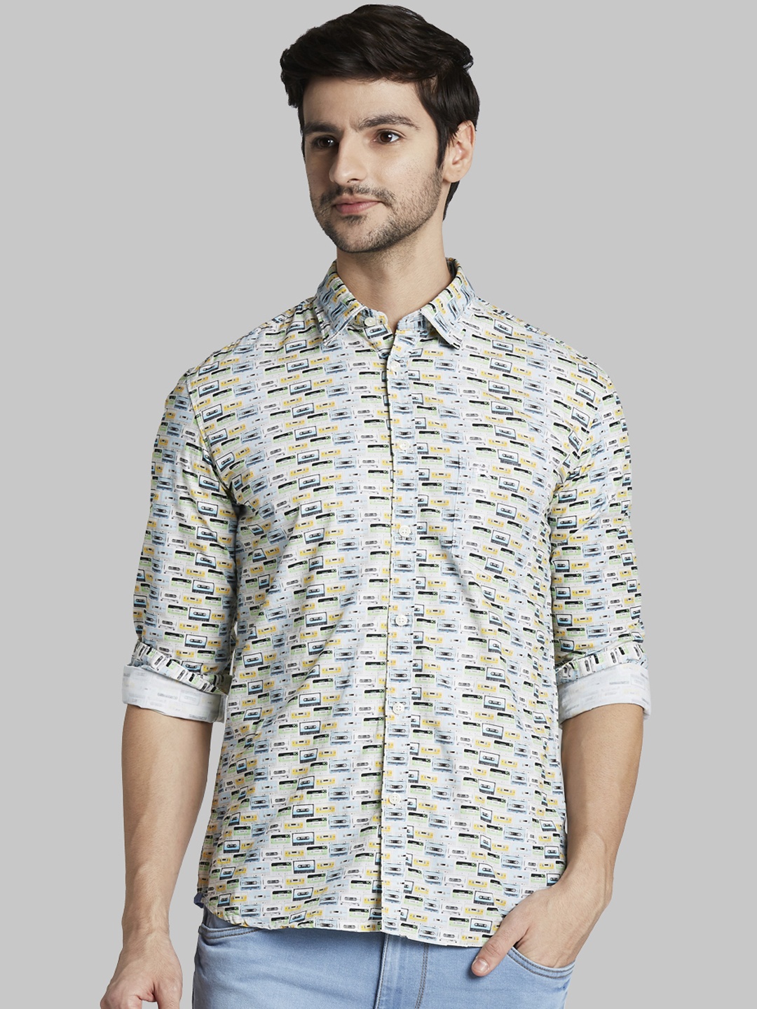 

Parx Men Off-White & Black Slim Fit Printed Casual Shirt