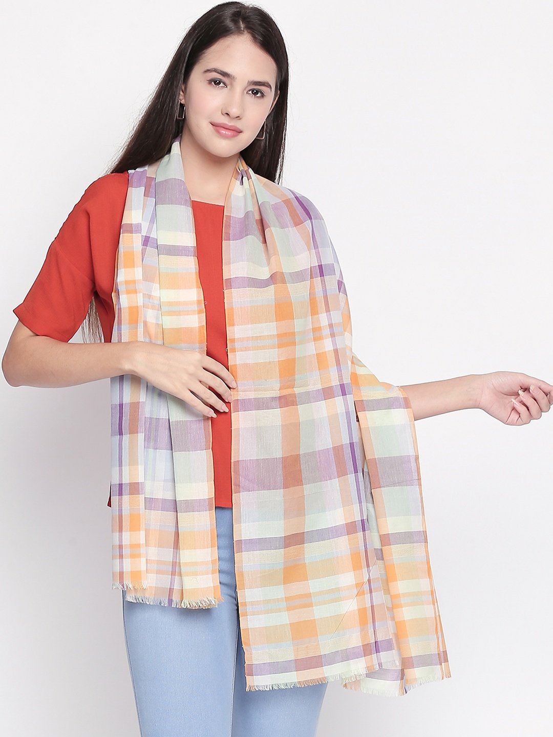 

Style Quotient Women Multicoloured Checked Scarf, Orange