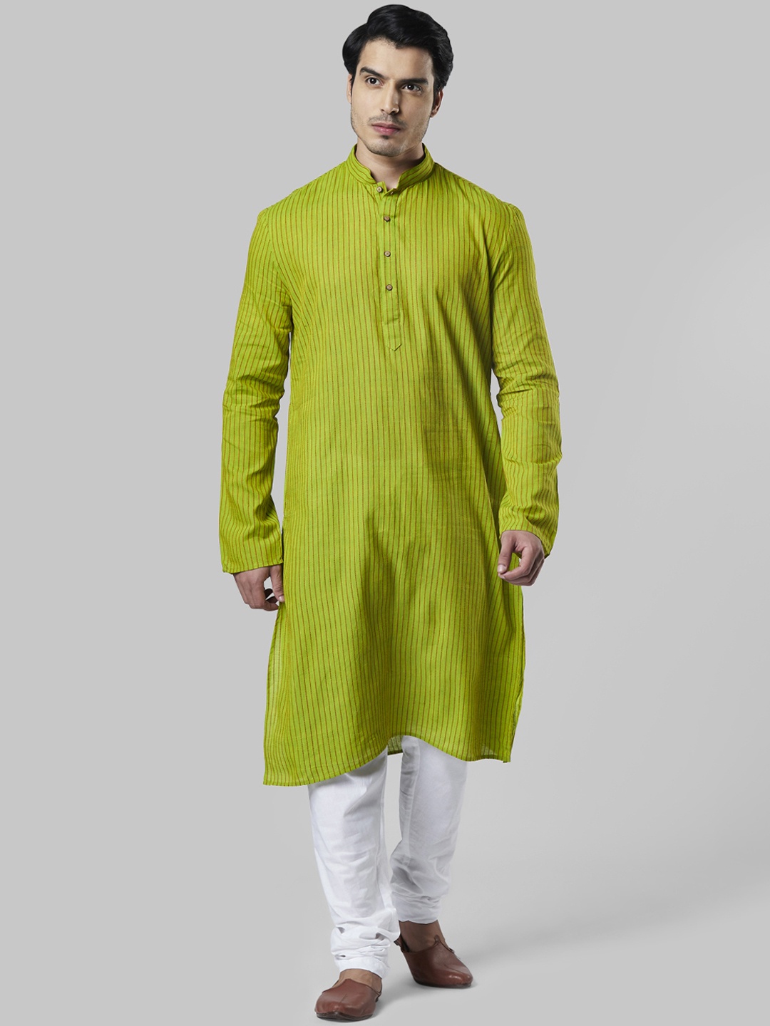 

Ethnix by Raymond Men Green & White Striped Kurta with Churidar