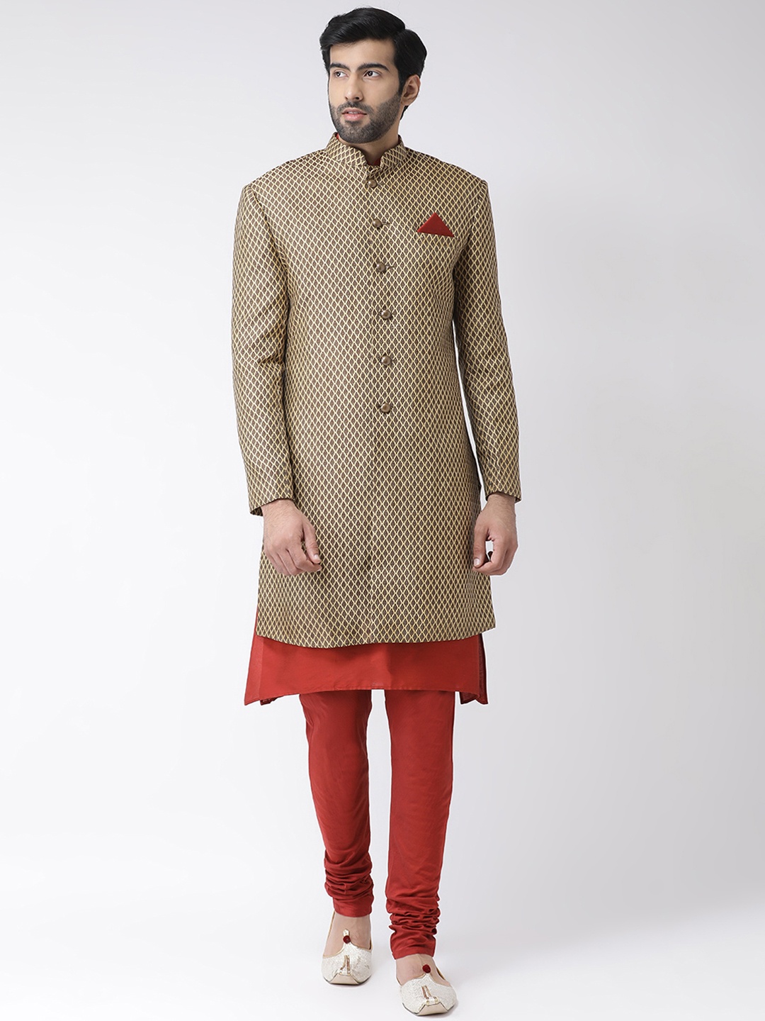 

KISAH Men Brown & Red Printed Indowestern Sherwani Set