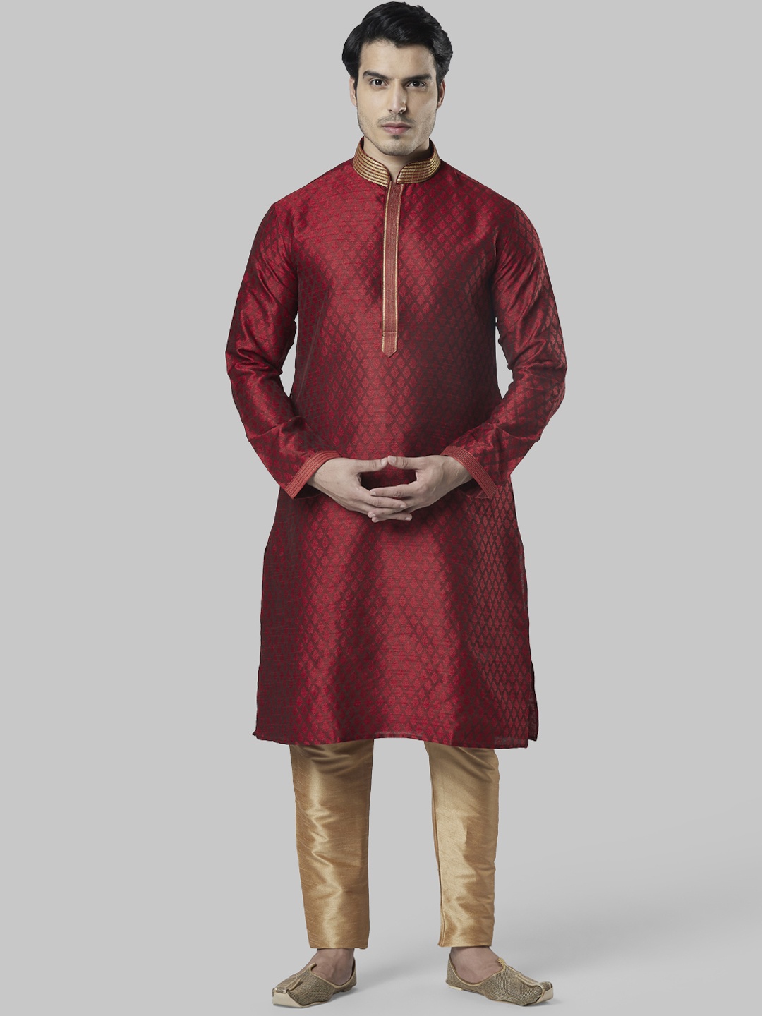 

Ethnix by Raymond Men Red & Gold-Toned Woven Design Kurta with Churidar