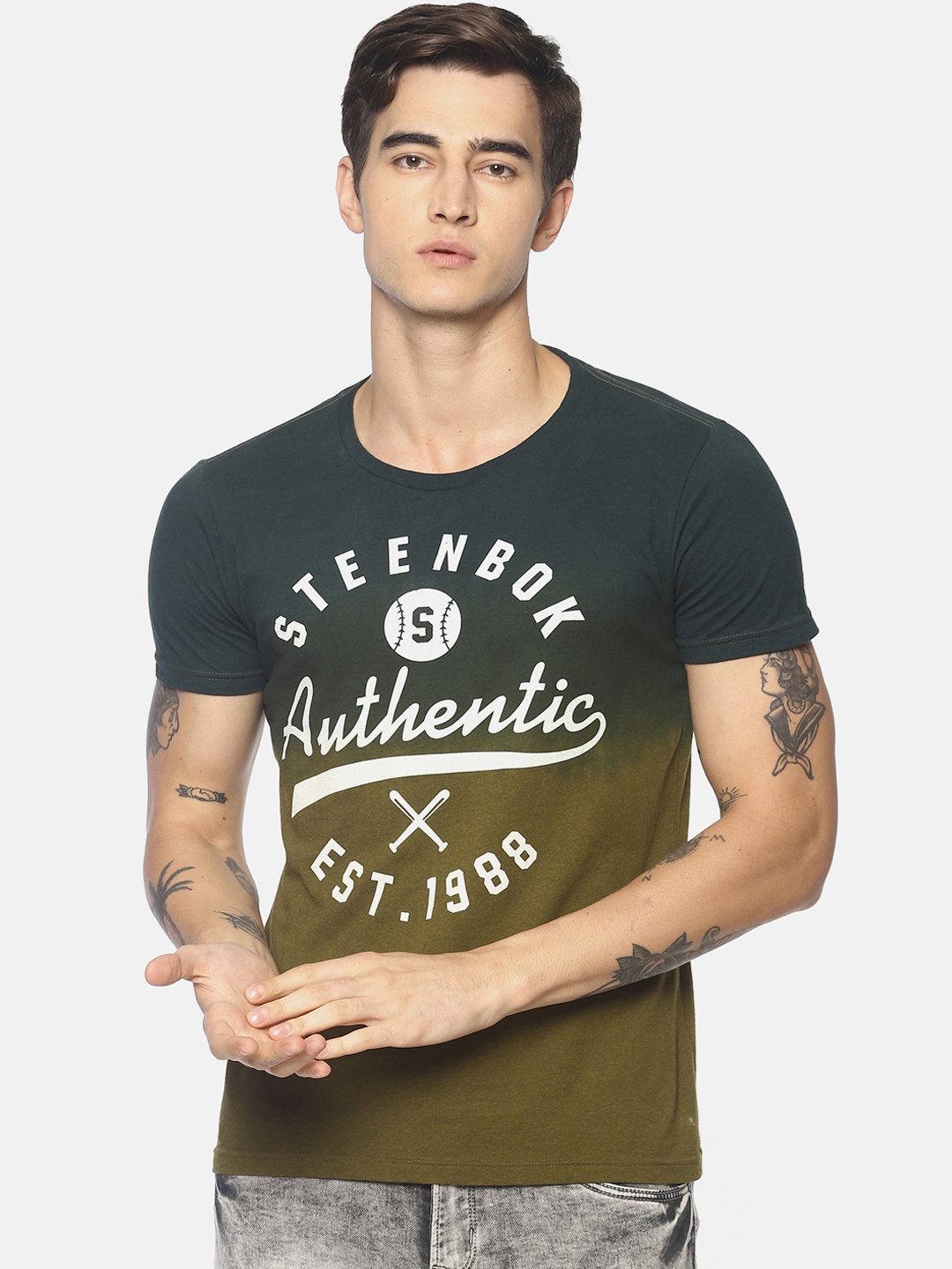 

Steenbok Men Olive Green Printed Round Neck T-shirt