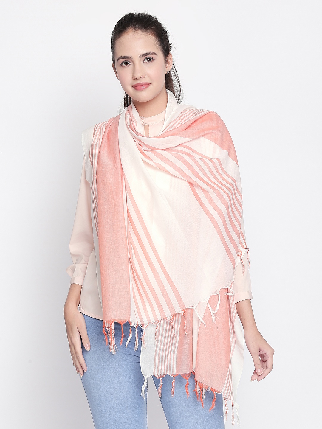 

Style Quotient Women Pink Striped Scarf, Coral