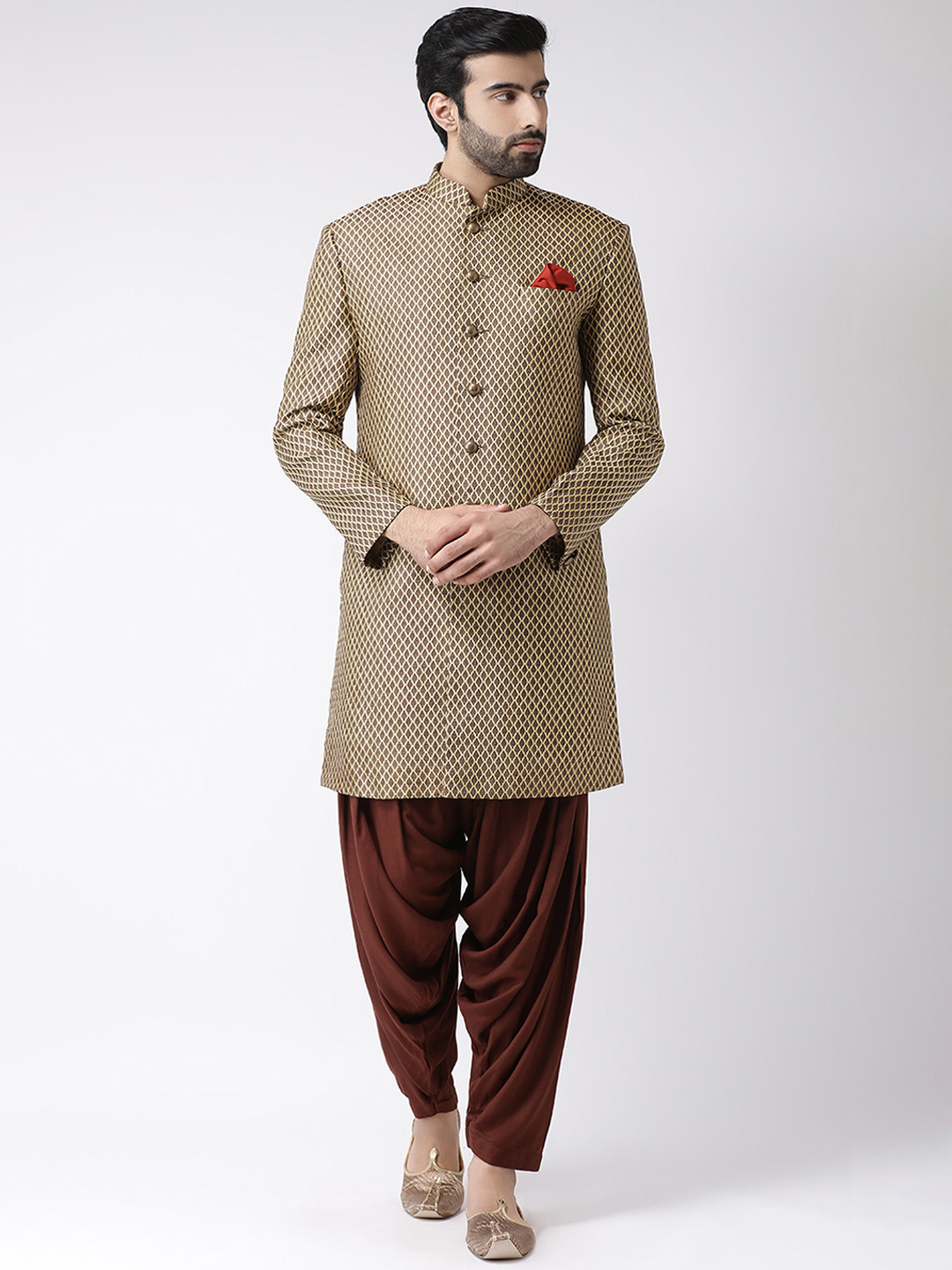 

KISAH Men Printed Indowestern Sherwani Set, Brown