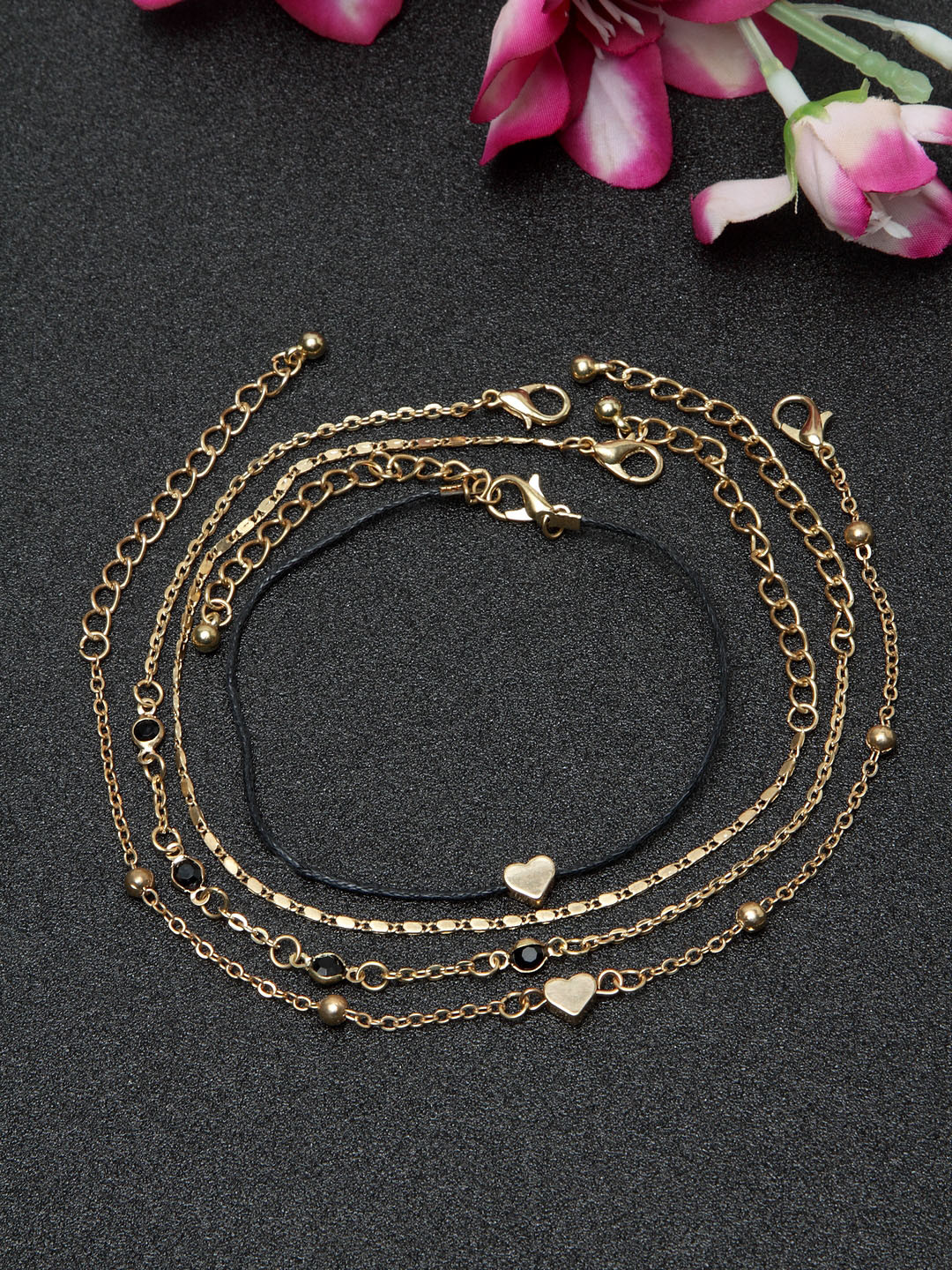 

Ferosh Women Set of 4 Black & Gold-Plated Anklets