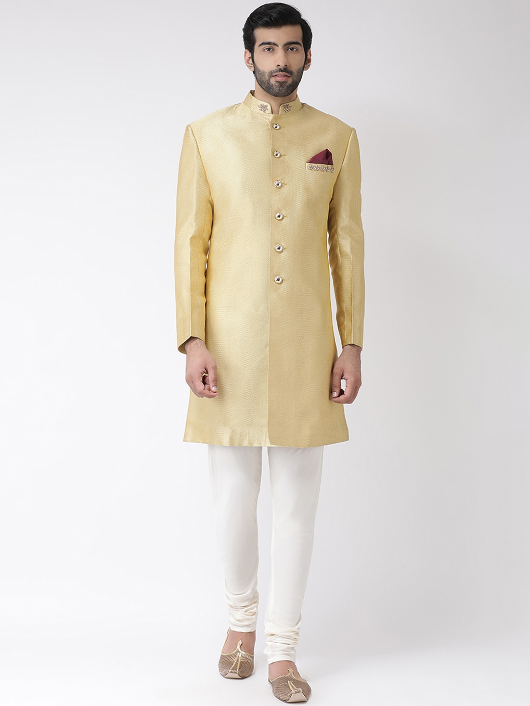 

KISAH Men Gold-Coloured & White Woven Design Indowestern Sherwani Set