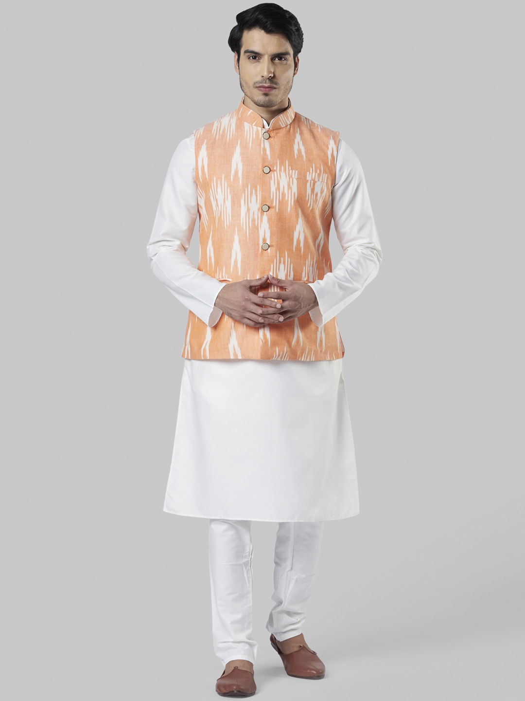 

Ethnix by Raymond Men White & Peach-Coloured Solid Kurta with Churidar & Jacket