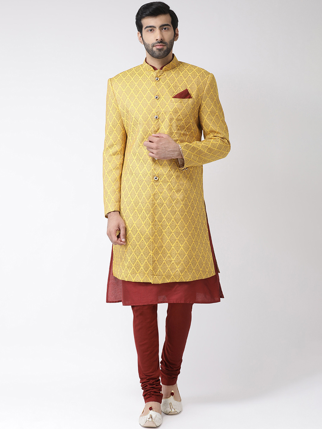 

KISAH Men Yellow & Red Checked Sherwani Set