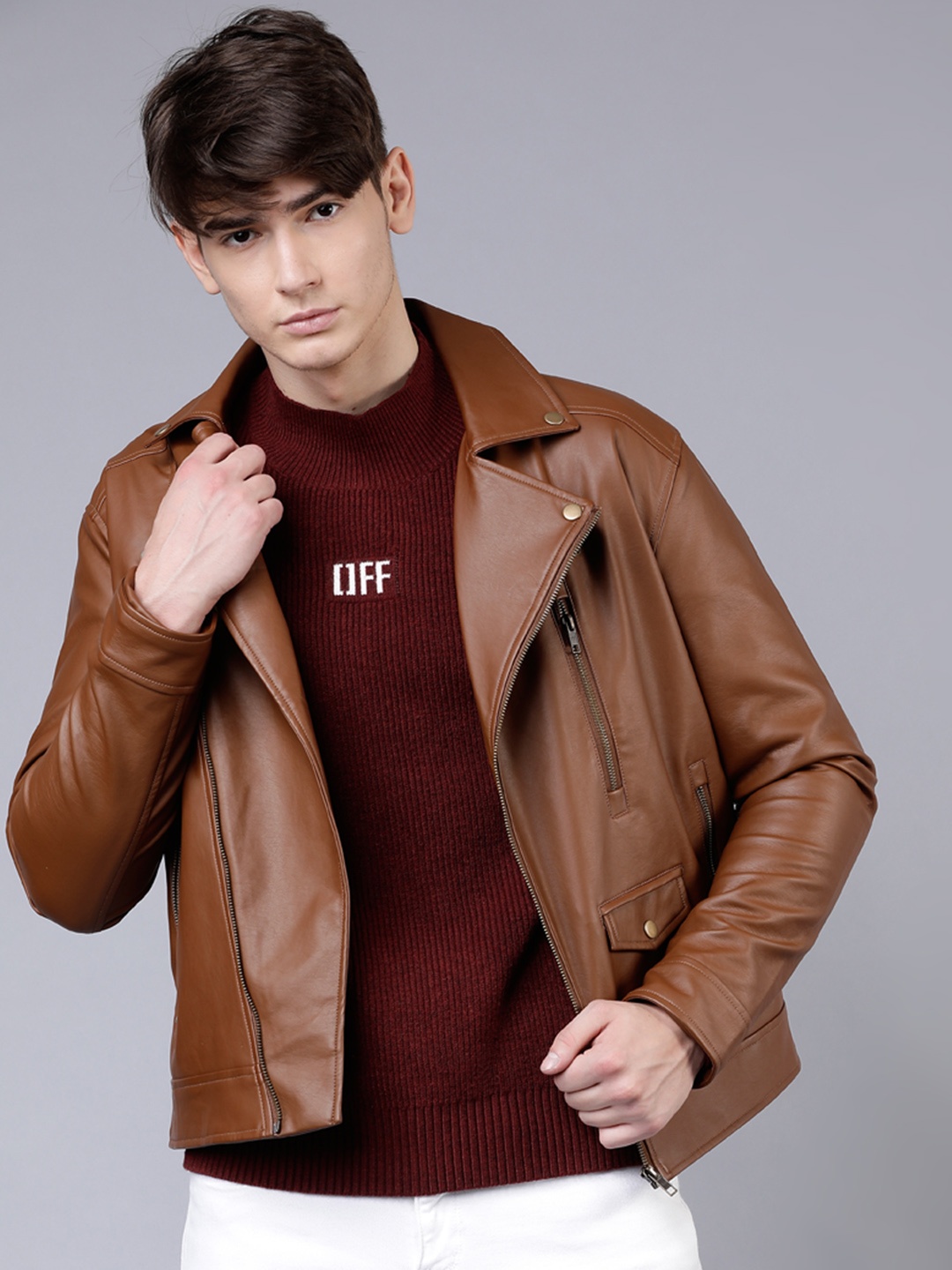 

HIGHLANDER Men Brown Solid Biker Jacket