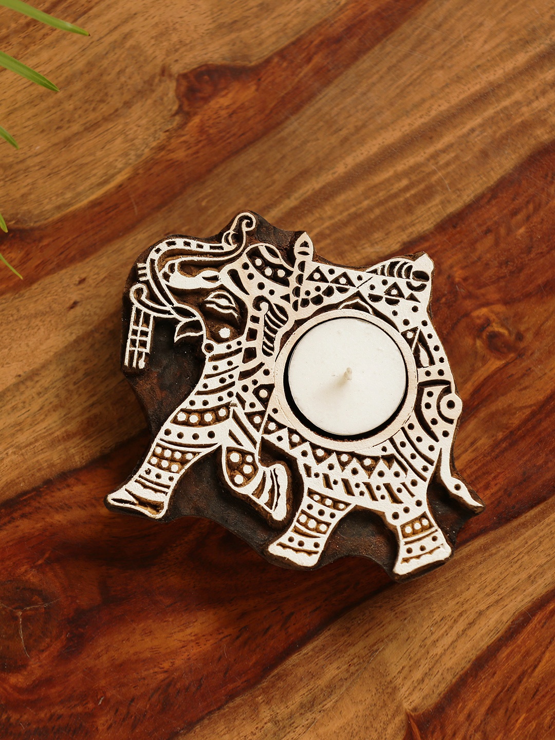 

ExclusiveLane Dazzling Elephant Hand-Carved Block Sheesham Wooden Tea-Light Candle Holders, Brown