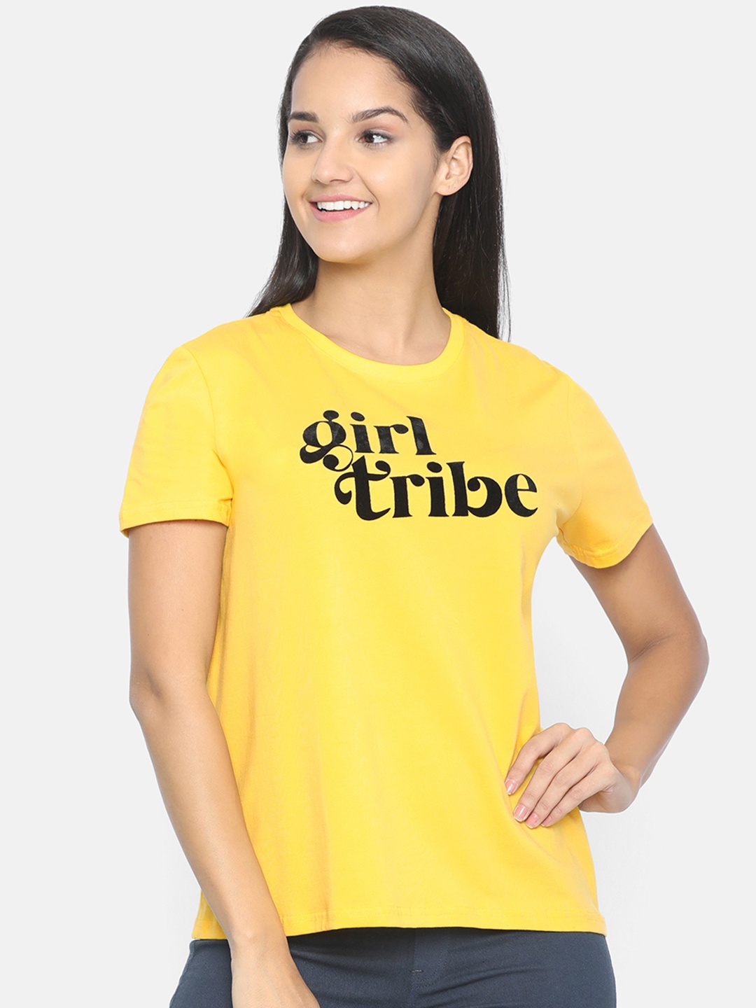 

ISU Women Yellow Printed Round Neck T-shirt