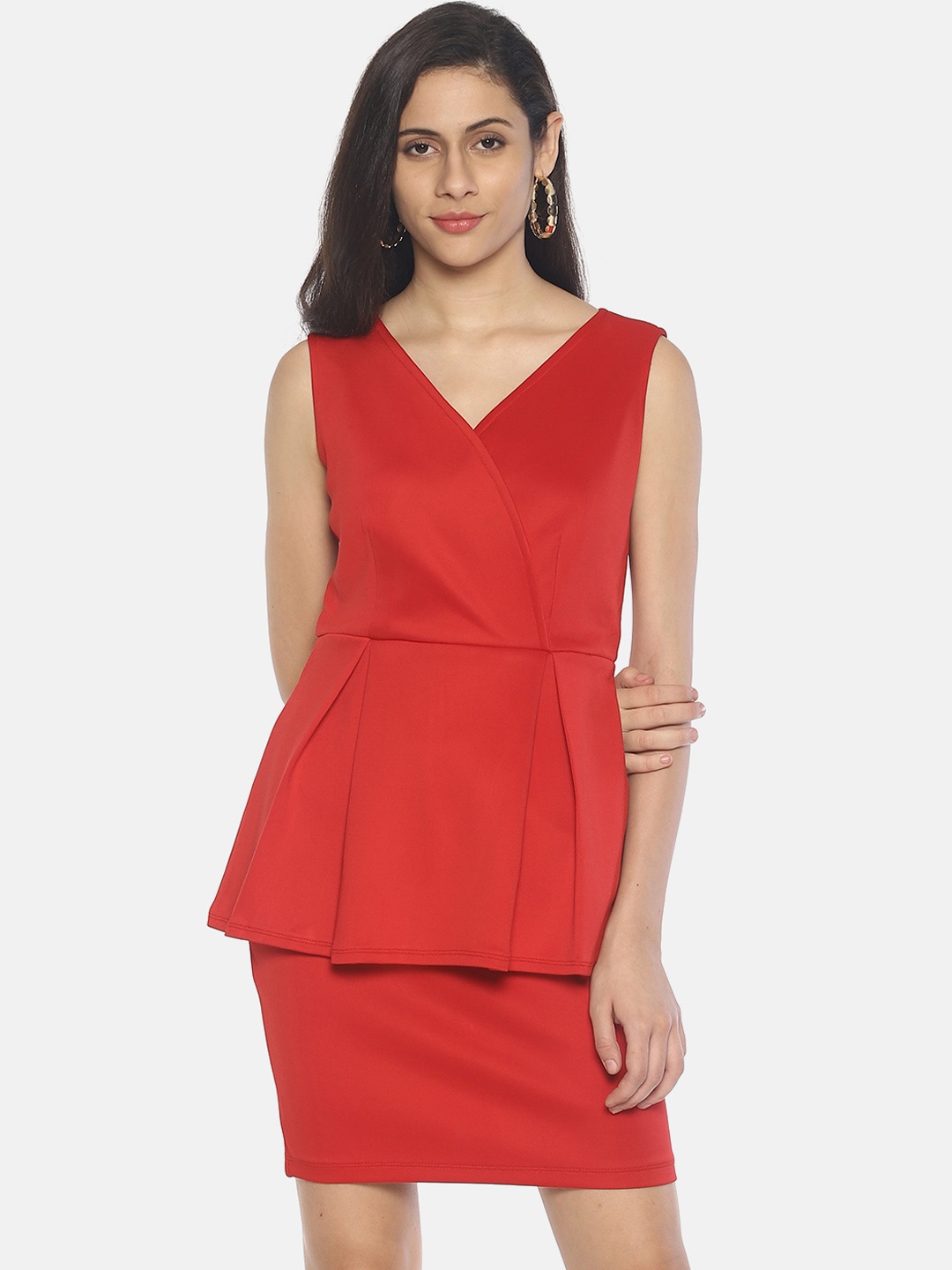 

AARA Women Solid Red Wrap Peplum Dress