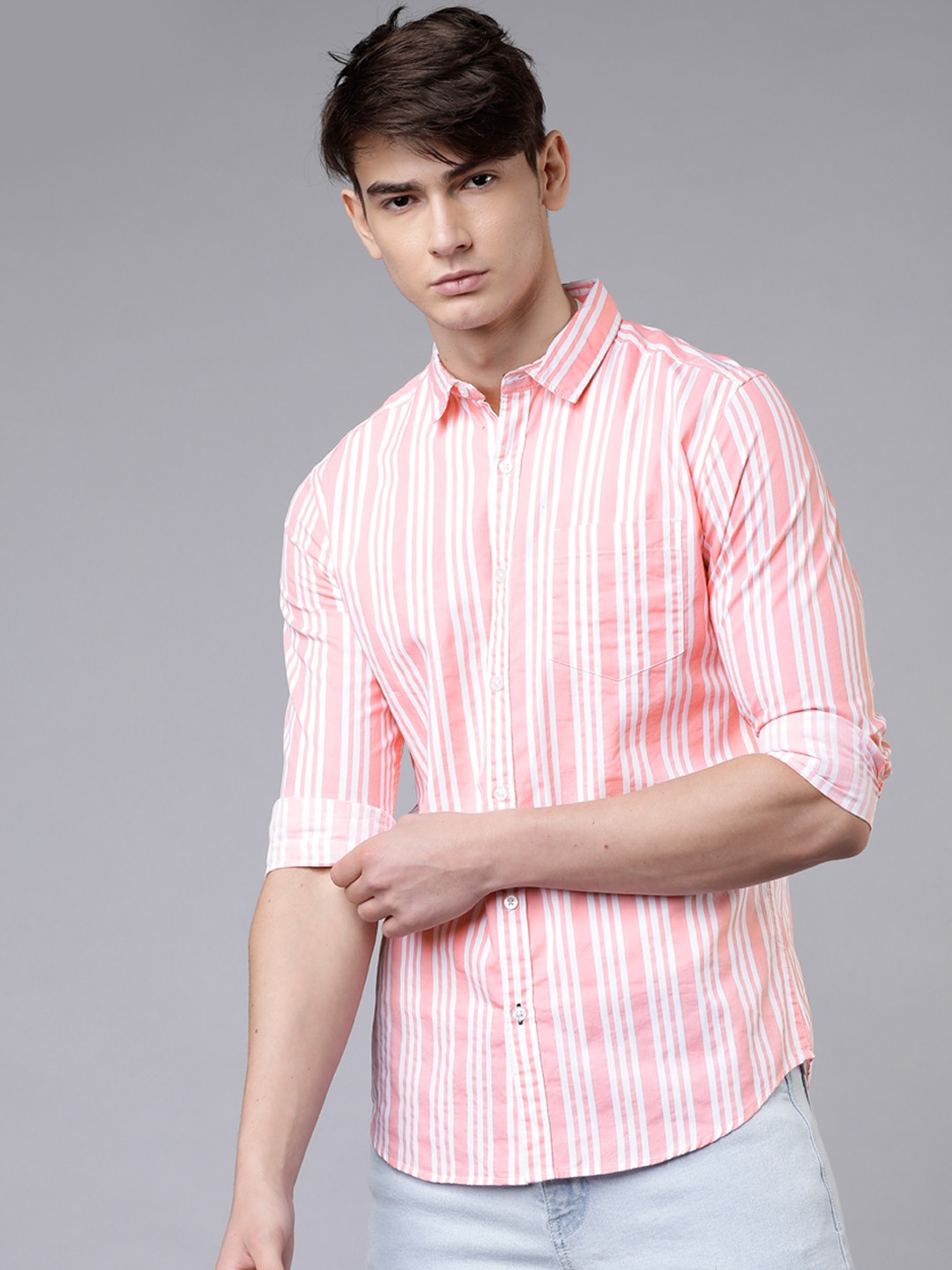 

HIGHLANDER Men Coral & White Slim Fit Striped Casual Shirt