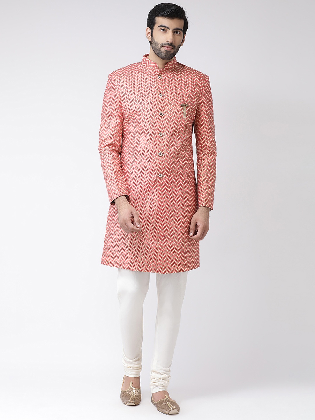 

KISAH Men Red & White Printed Indowestern Sherwani Set