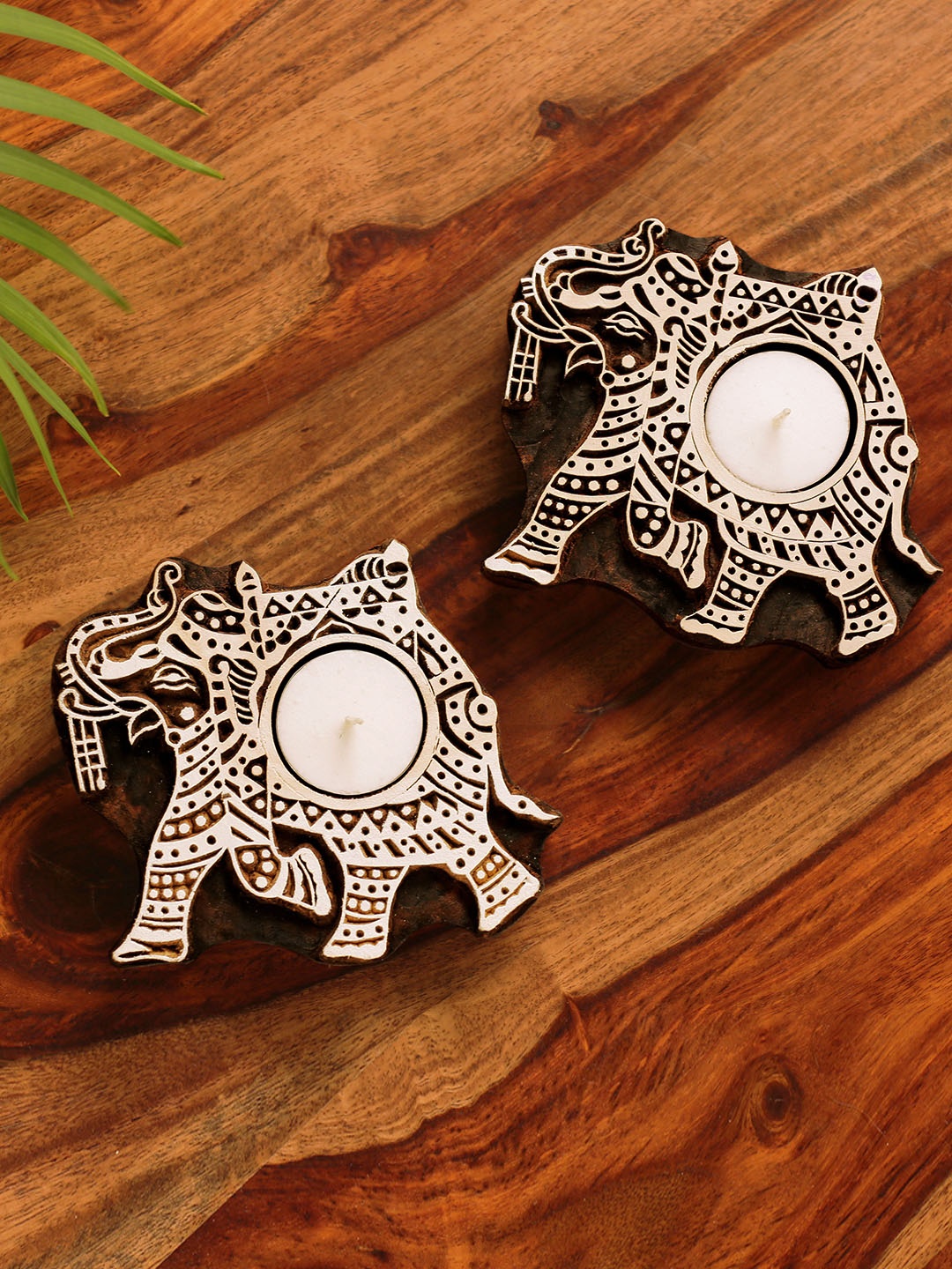 ExclusiveLane Set of 2 Elephant Hand-Carved Sheesham Wooden Tea-Light Candle Holders, Brown
