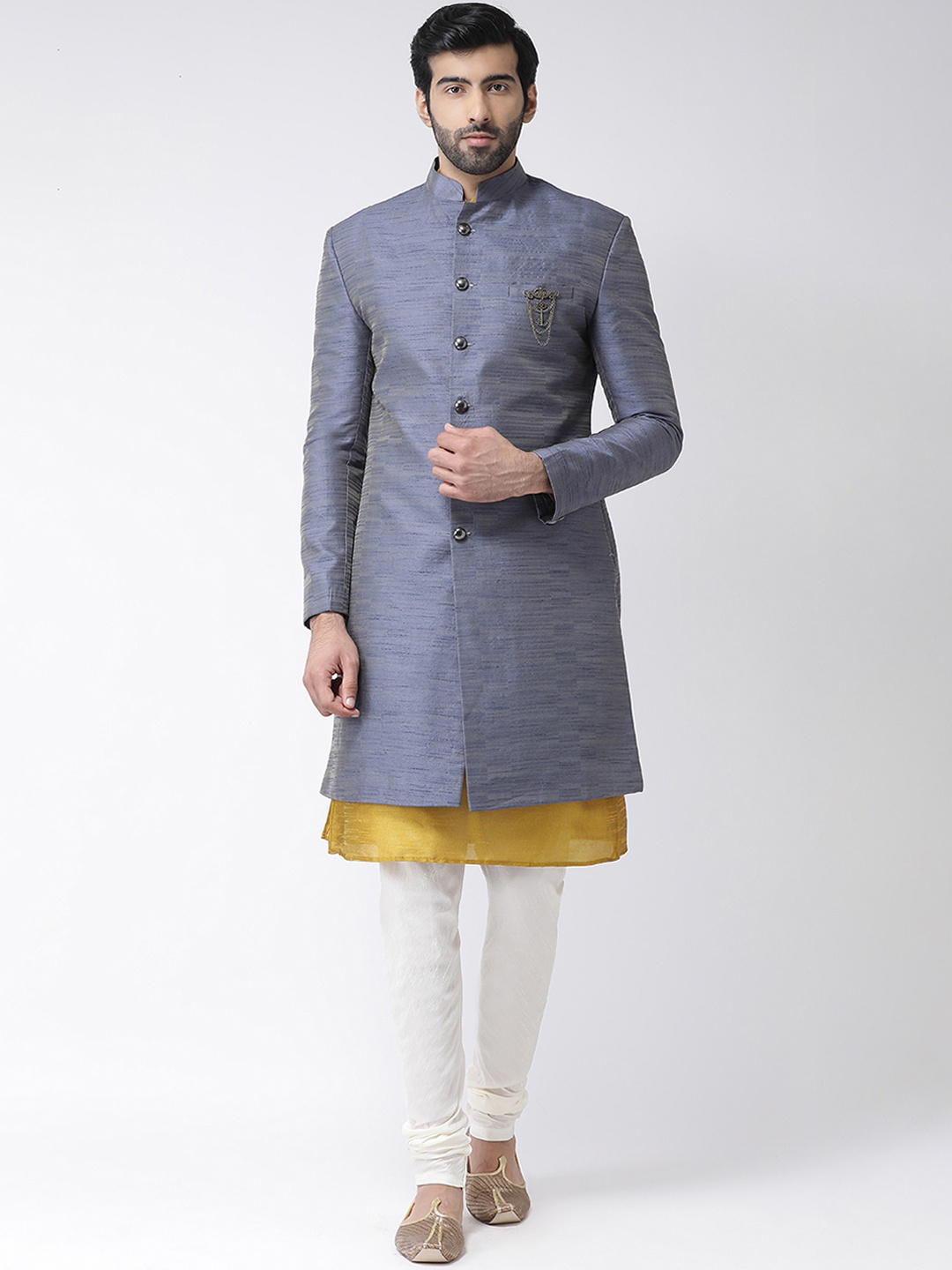 

KISAH Men Grey & Mustard Yellow Printed Sherwani Set