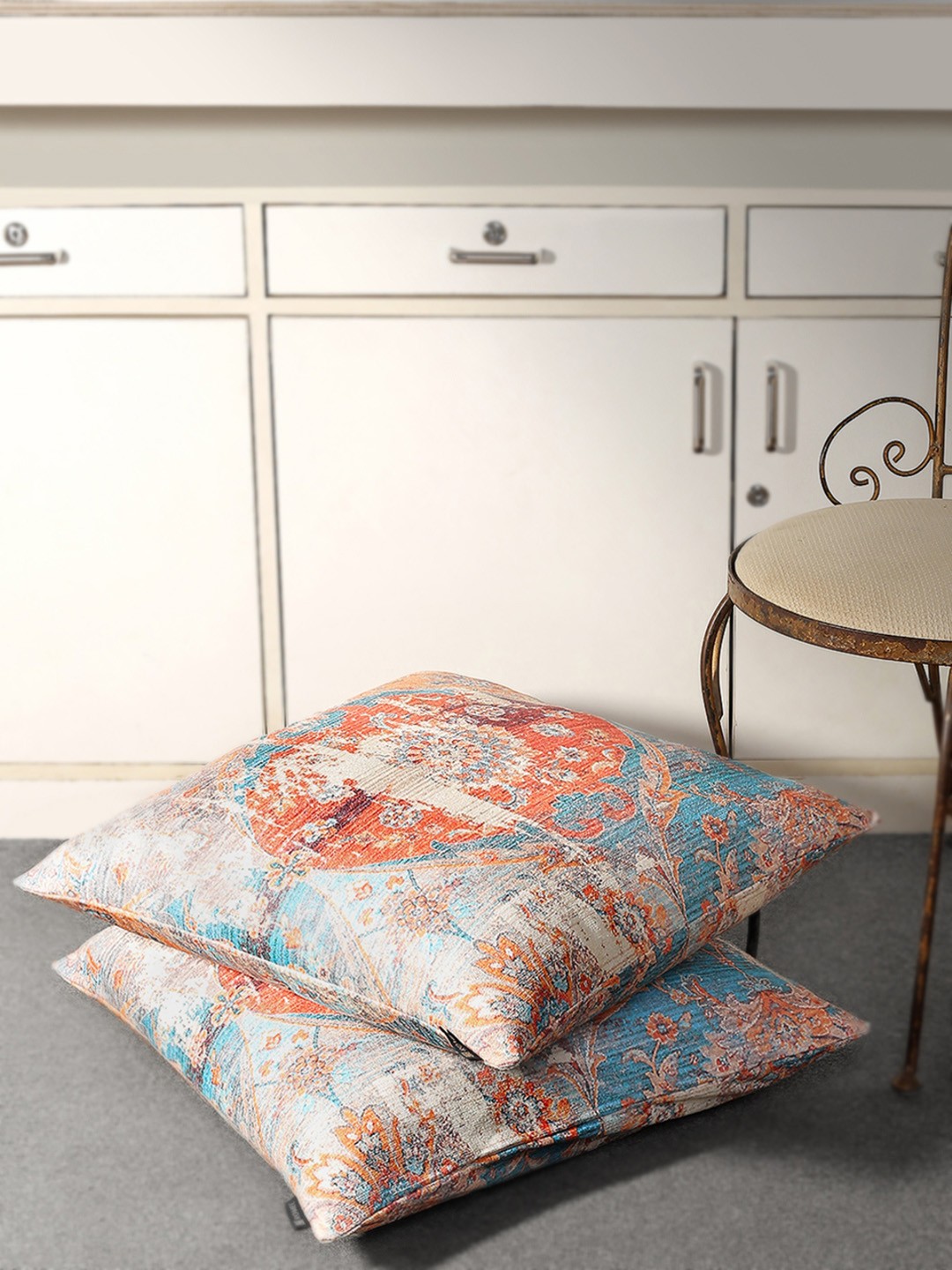 

ROMEE Beige & Orange Set of 2 Ethnic Motifs Square Cushion Covers