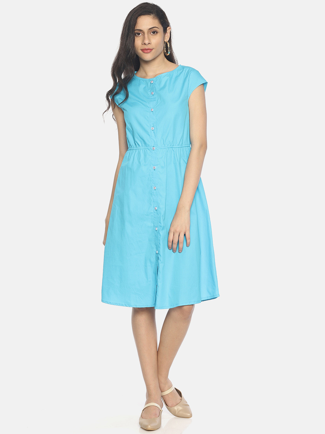 

AARA Women Solid Blue Blouson Dress