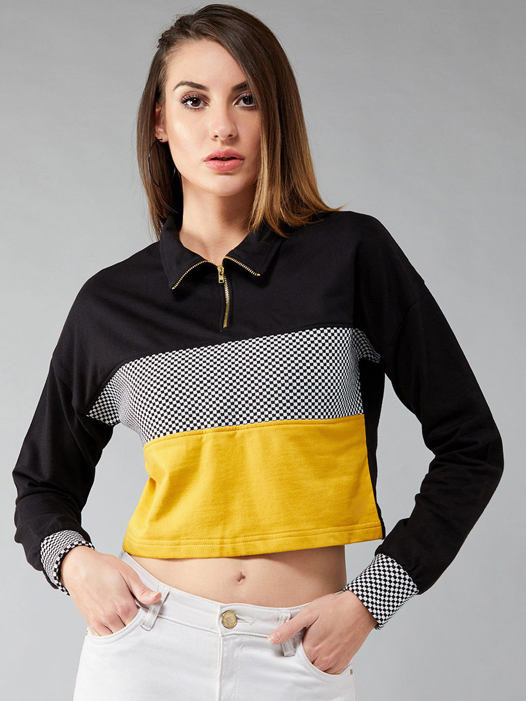 

DOLCE CRUDO Women Black & Grey Colourblocked Sweatshirt