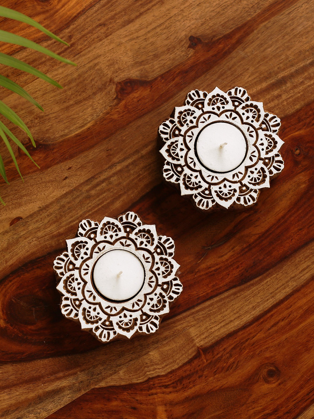 

ExclusiveLane Lustrous Flower Hand-Carved Blocks Sheesham Candle Holders (Set of 2), Brown