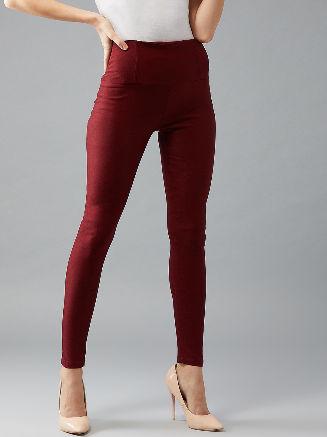 DOLCE CRUDO Women Maroon Solid High-Waist Treggings