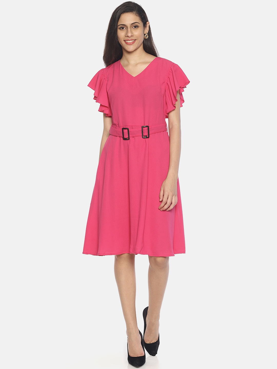 AARA Women Solid Pink Fit and Flare Dress