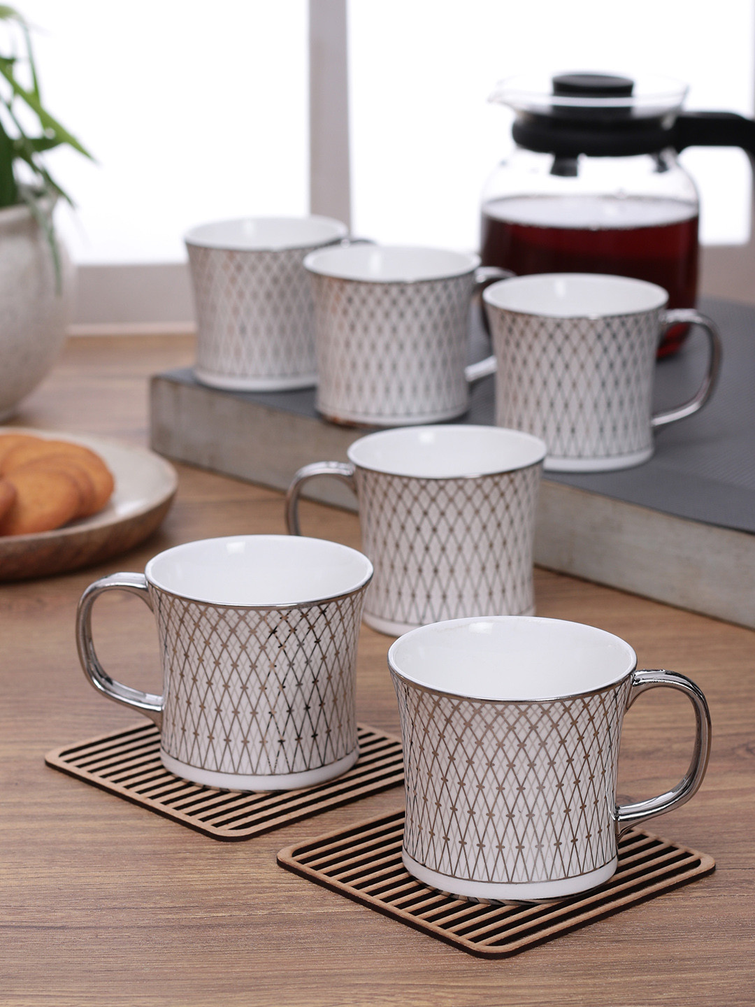 

CLAY CRAFT Set of 6 White & Silver-Toned Printed Bone China Cups 150 ml Each