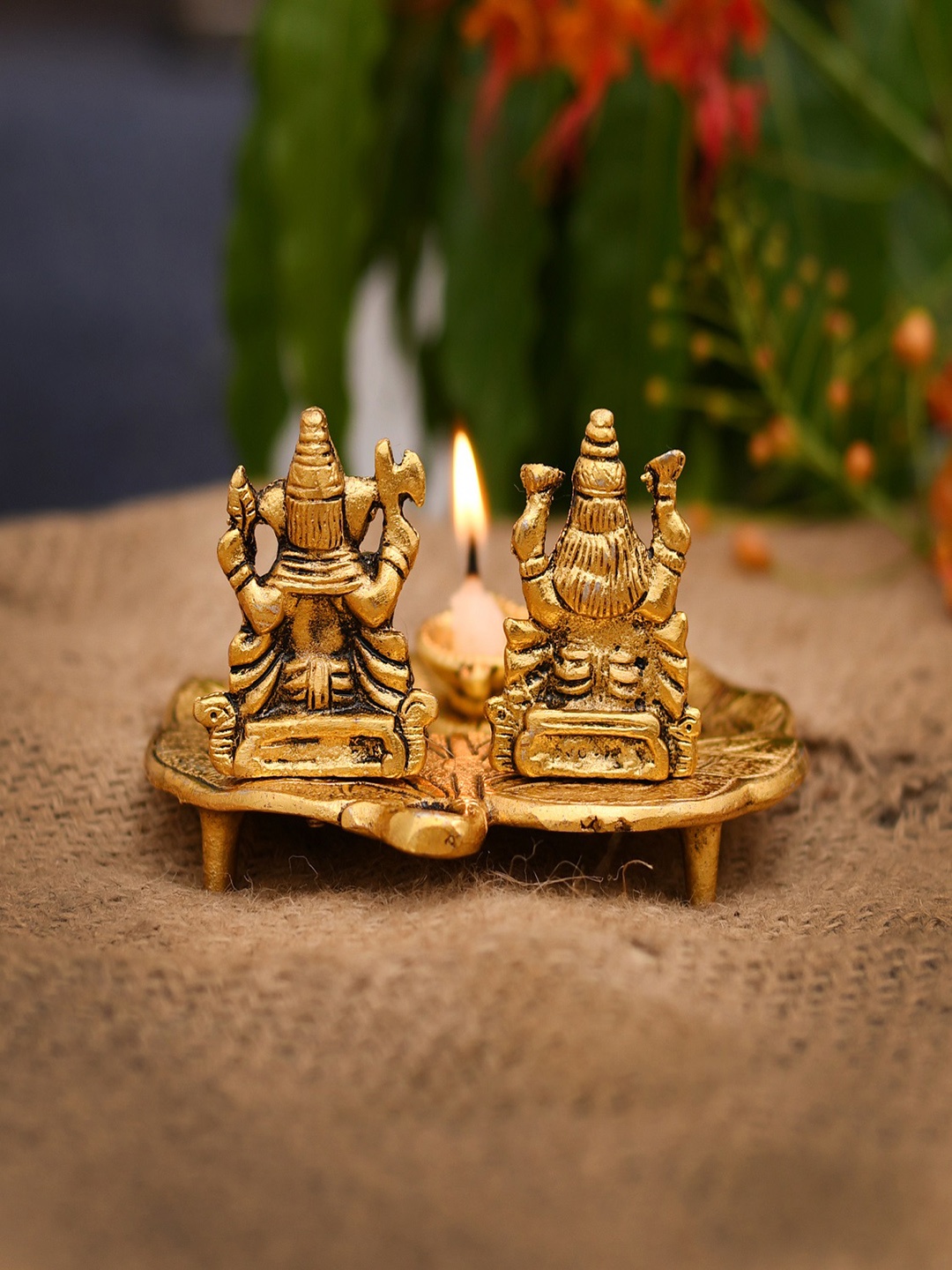 CraftVatika Gold Lord Lakshmi & Ganesha with Lamp Showpiece