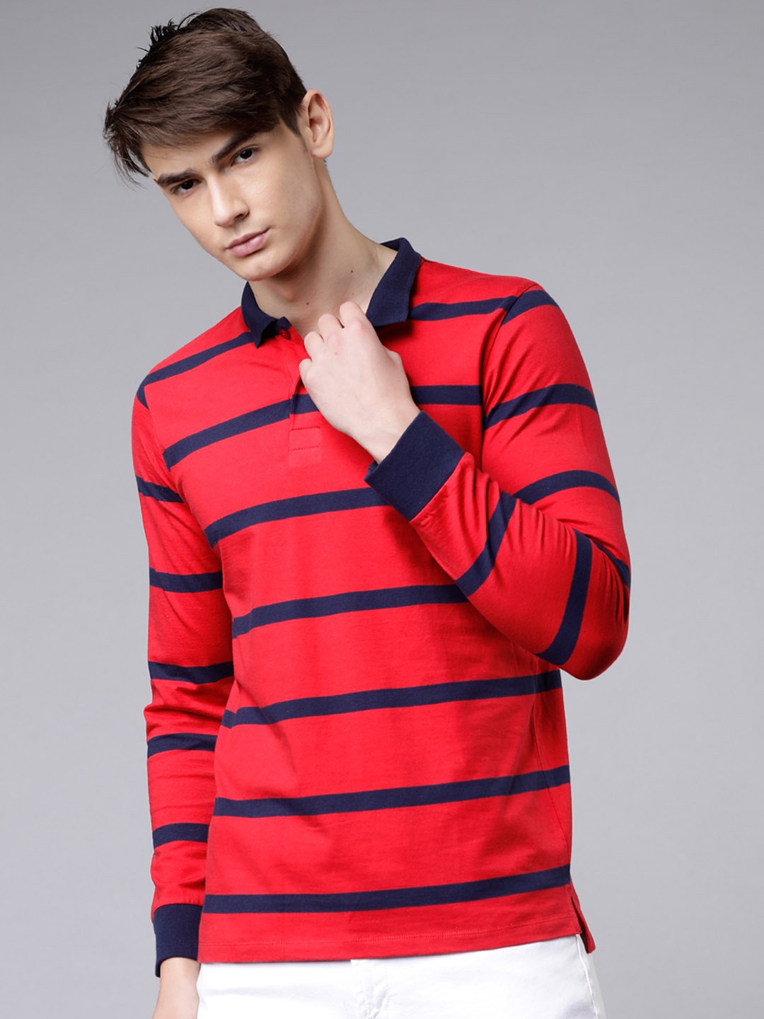 

LOCOMOTIVE Men Red & Navy Blue Striped Slim Fit Polo Collar T-shirt